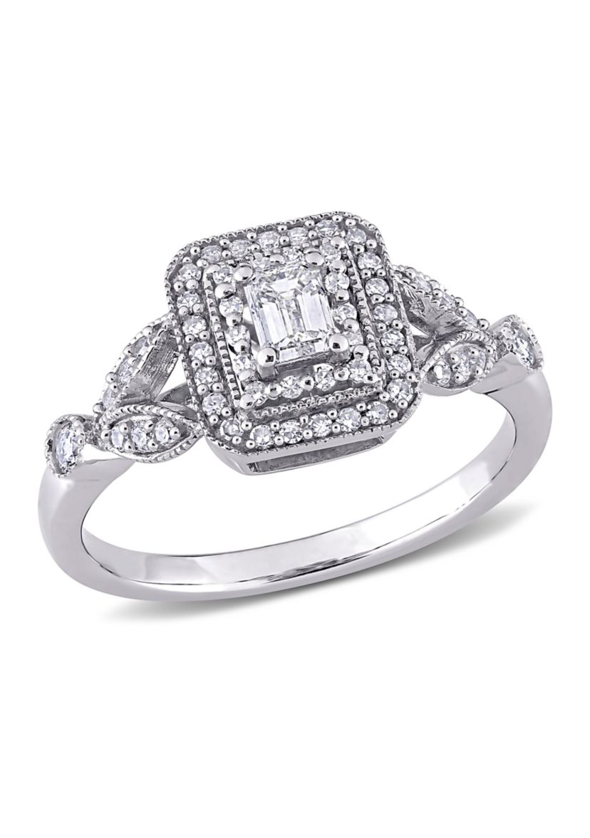 1/2 ct. t.w. Diamond Emerald Cut Halo Vintage Engagement Ring in 10k White Gold