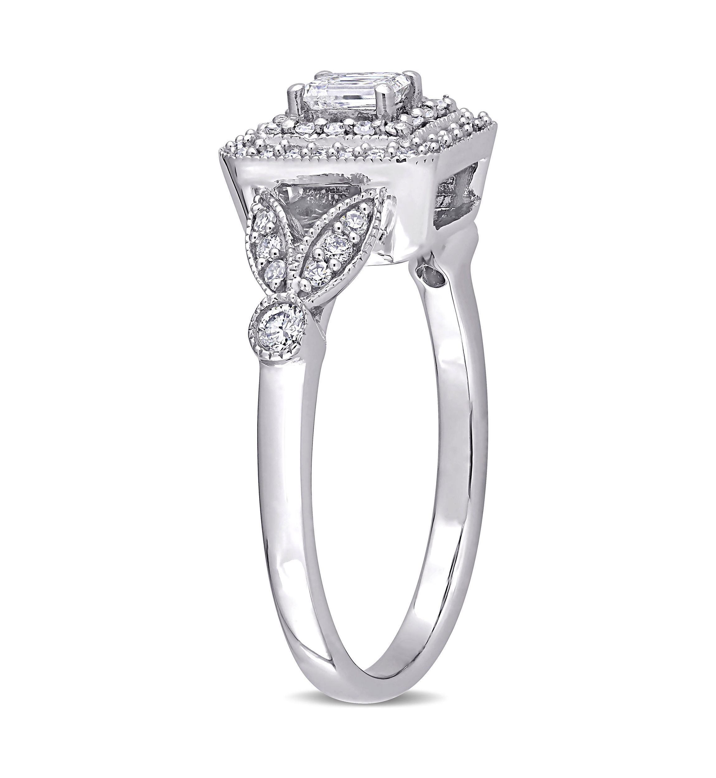 1/2 ct. t.w. Diamond Emerald Cut Halo Vintage Engagement Ring in 10k White Gold