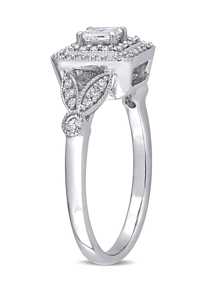 1/2 ct. t.w. Diamond Emerald Cut Halo Vintage Engagement Ring in 10k White Gold