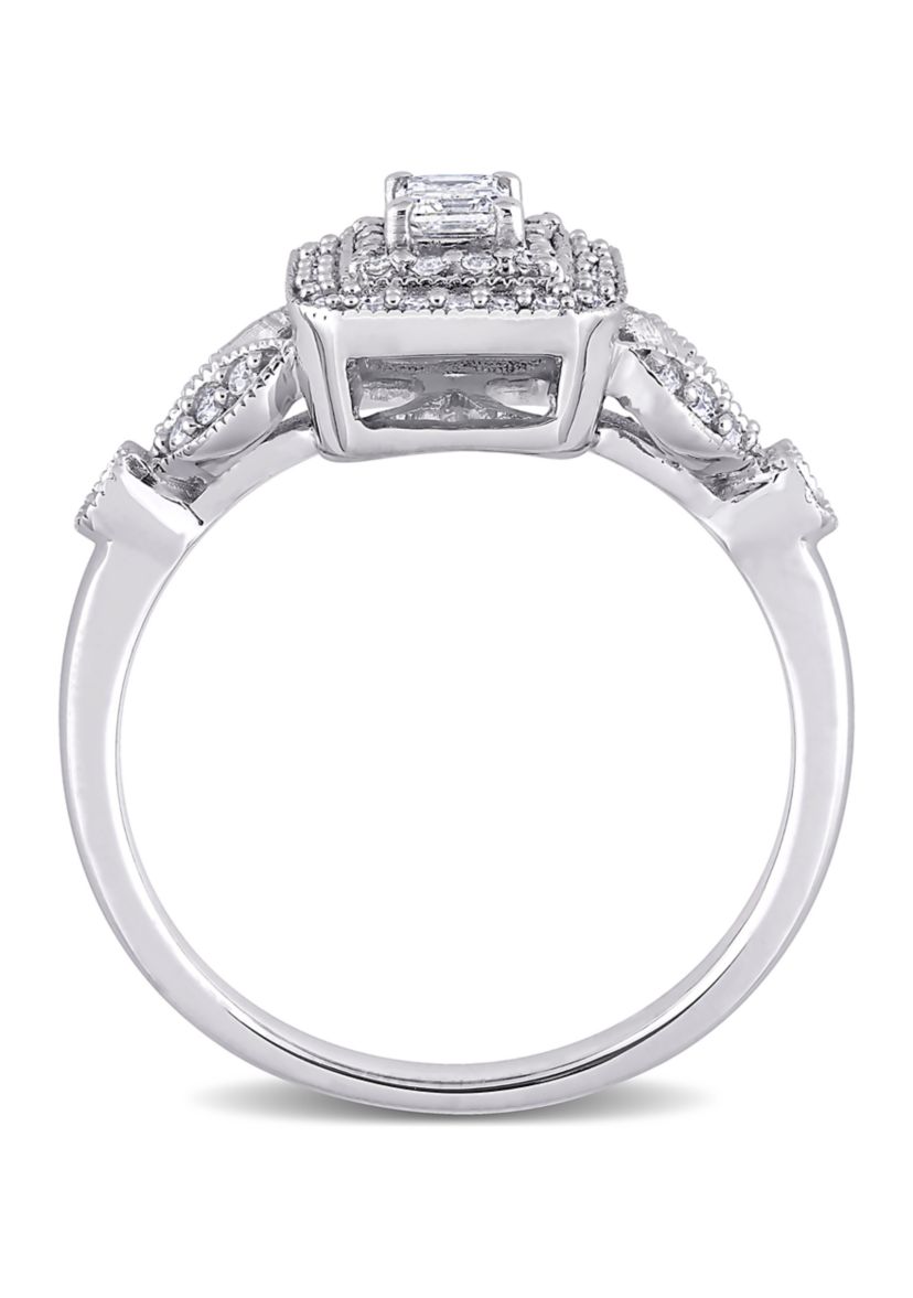 1/2 ct. t.w. Diamond Emerald Cut Halo Vintage Engagement Ring in 10k White Gold
