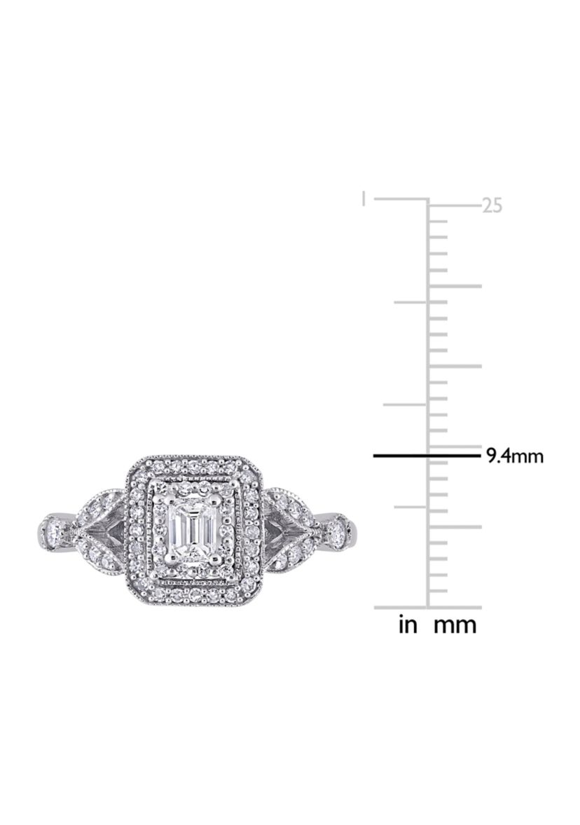 1/2 ct. t.w. Diamond Emerald Cut Halo Vintage Engagement Ring in 10k White Gold