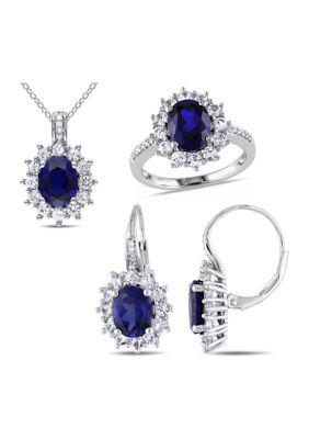 Belk & Co Lab Created 3-PC Set of Diamond & Blue & White Sapphire Halo Pendant with Chain, Earrings & Ring Set in Sterling Silver, 5