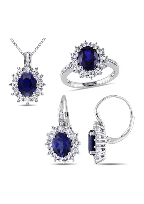 3-Piece Created Blue and White Sapphire 1/10 CT TW Diamond Necklace, Earrings and Ring Set in Sterling Silver