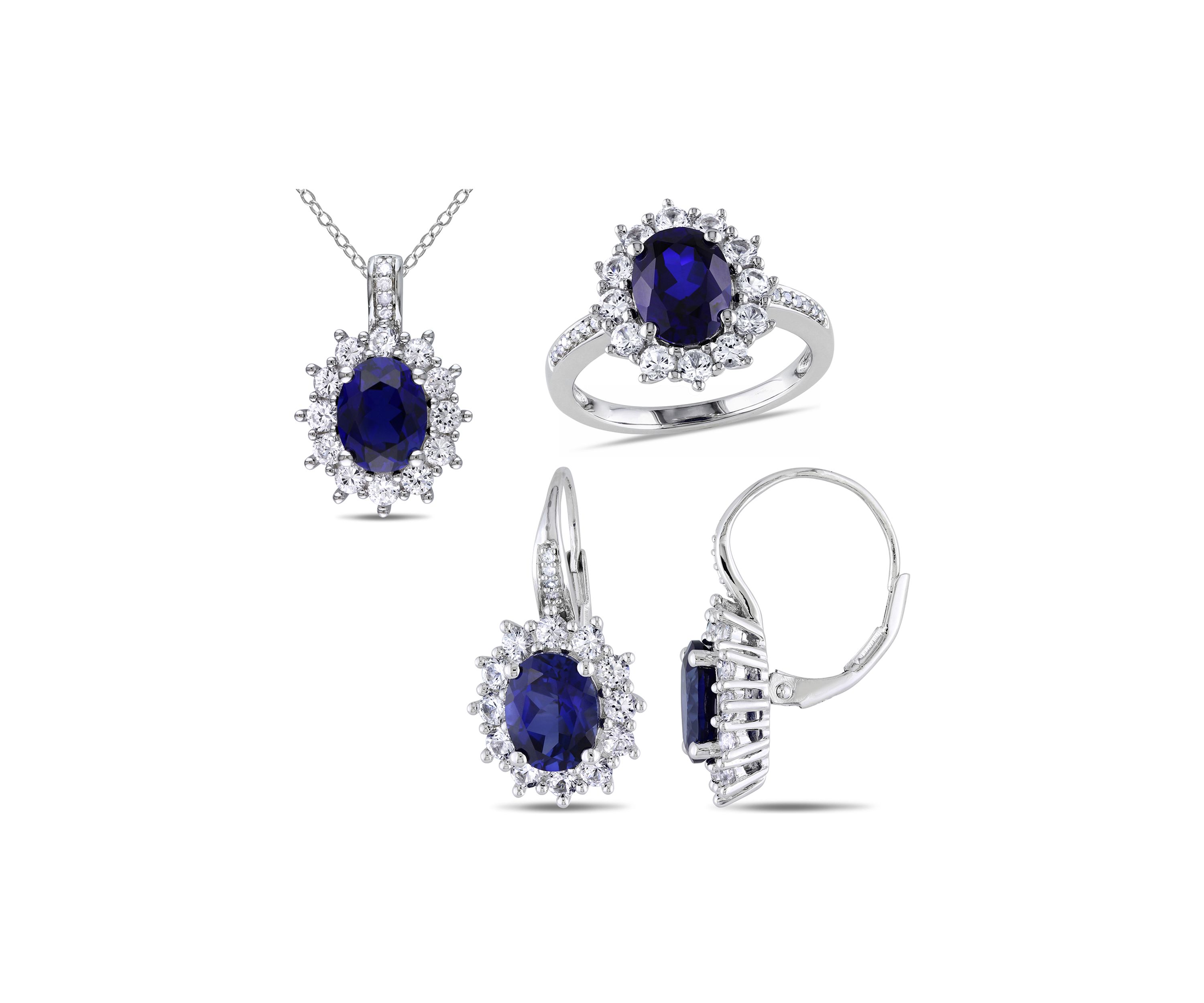 3-Piece Created Blue and White Sapphire 1/10 CT TW Diamond Necklace, Earrings and Ring Set in Sterling Silver