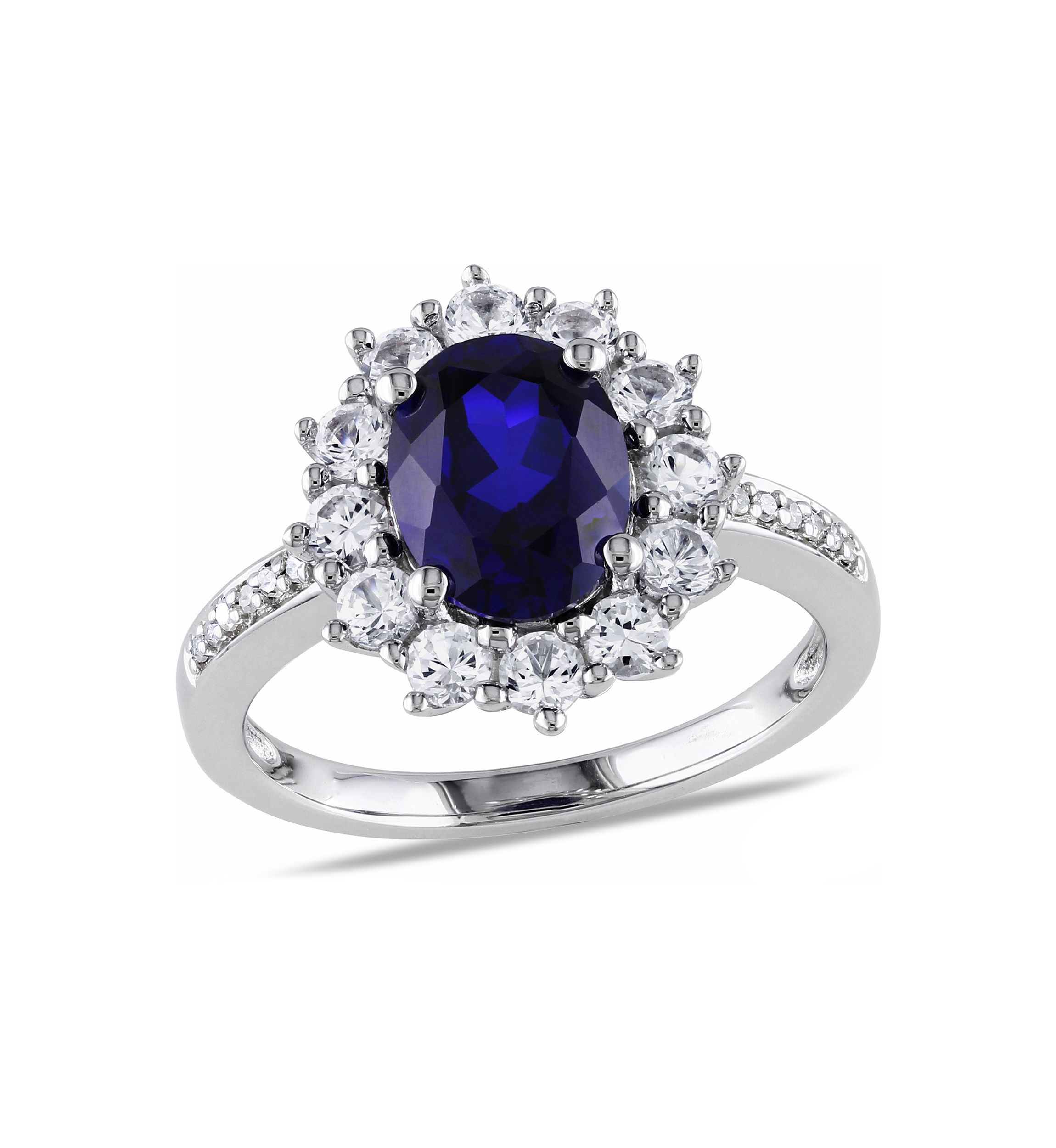 Created Blue and White Sapphire Diamond Halo Ring in Sterling Silver