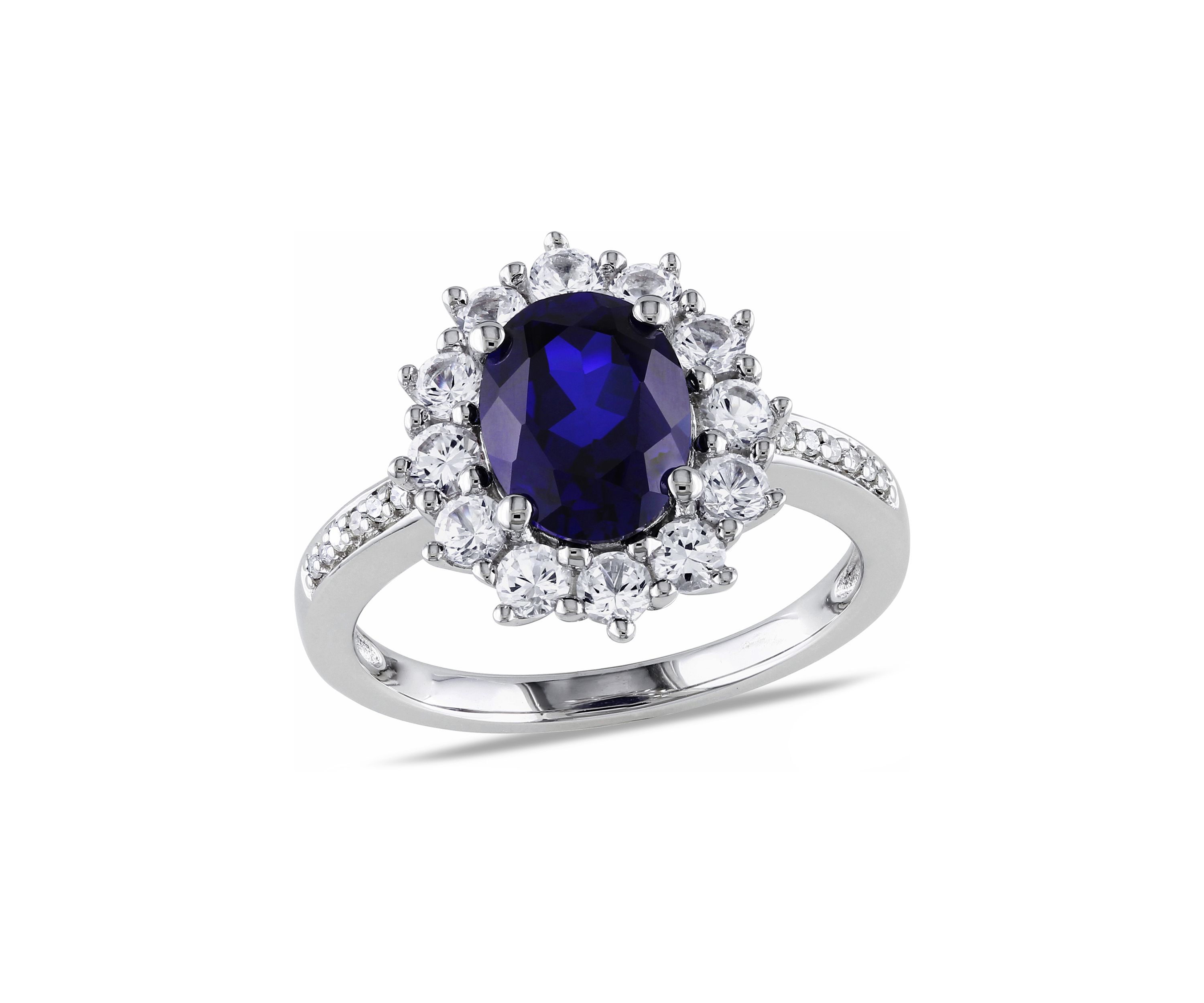 Created Blue and White Sapphire Diamond Halo Ring in Sterling Silver