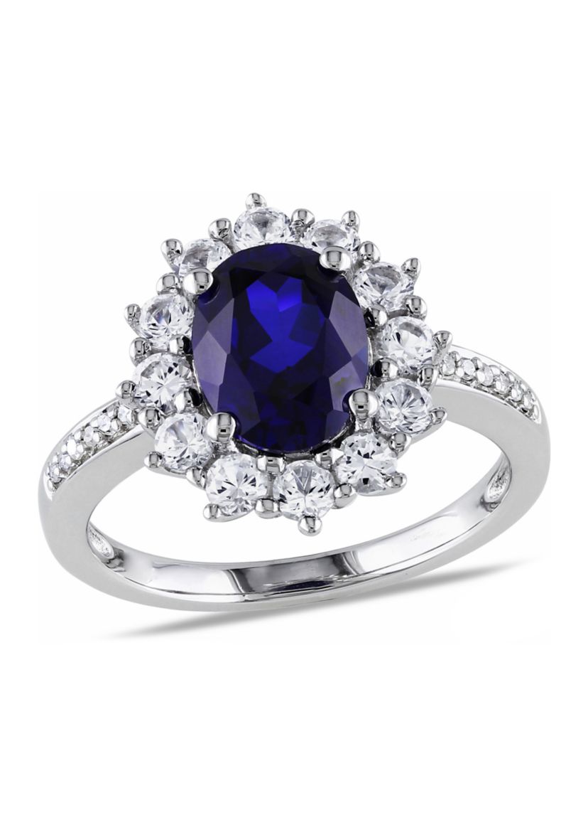 Created Blue and White Sapphire Diamond Halo Ring in Sterling Silver