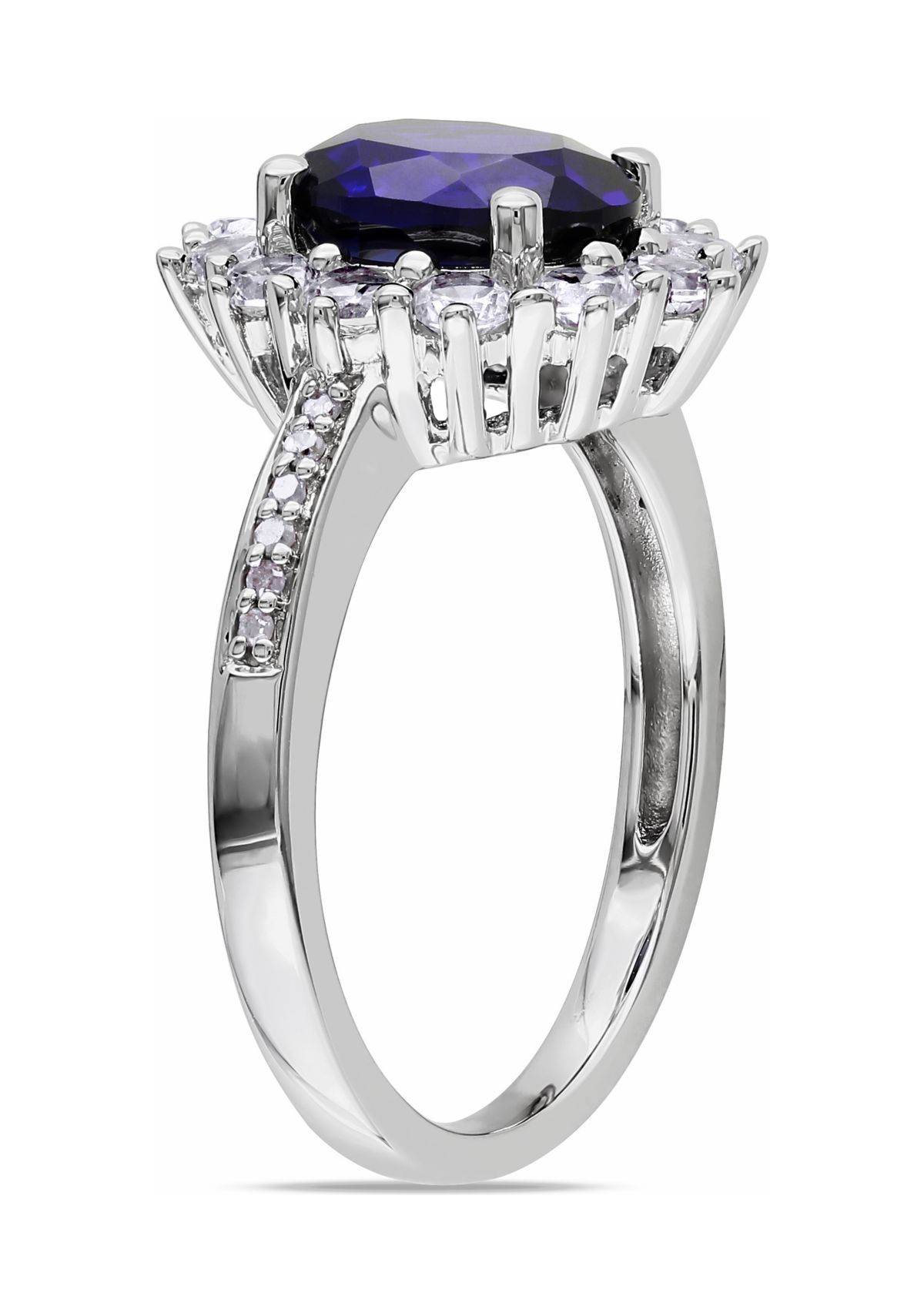 Created Blue and White Sapphire Diamond Halo Ring in Sterling Silver