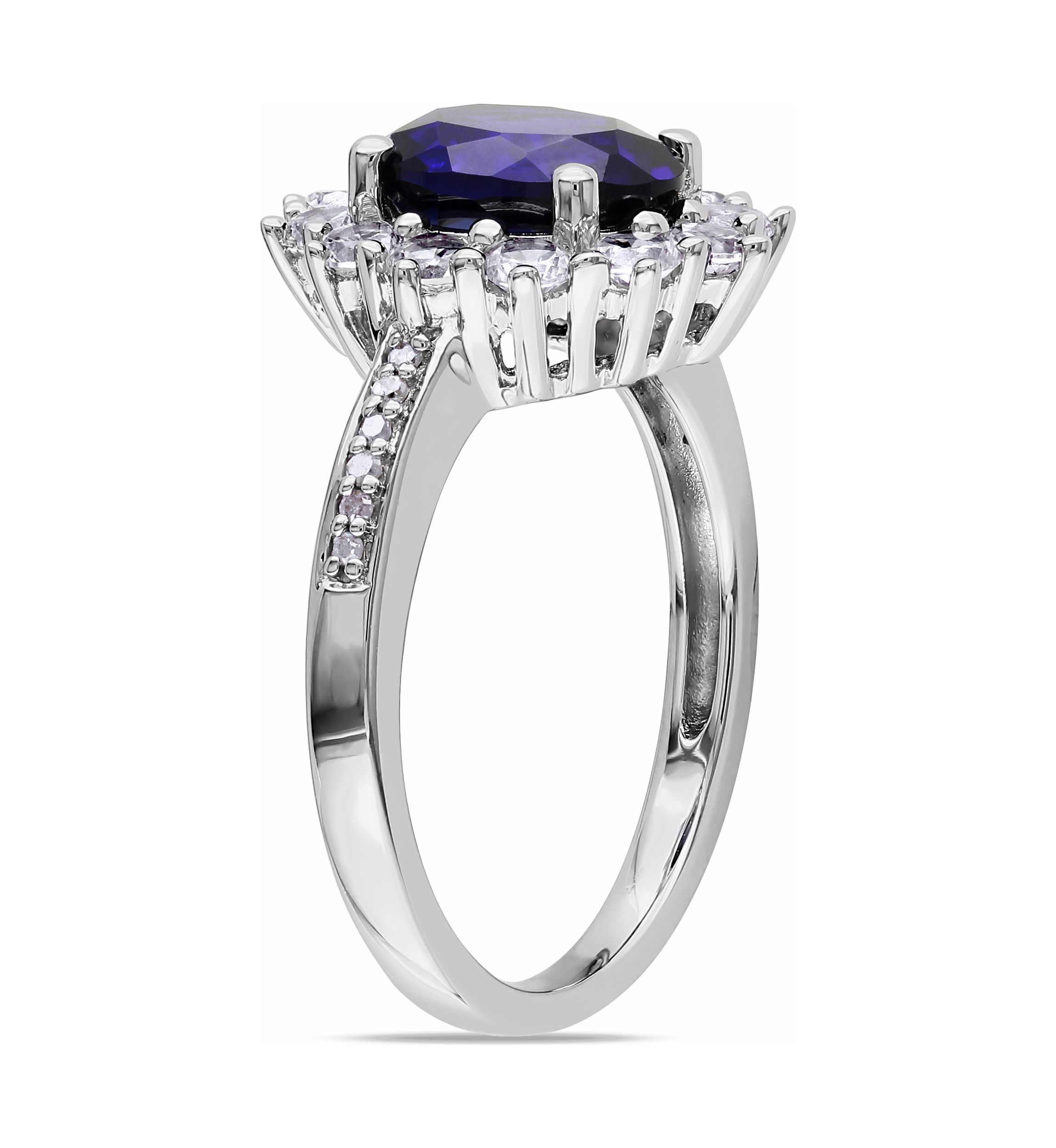 Created Blue and White Sapphire Diamond Halo Ring in Sterling Silver