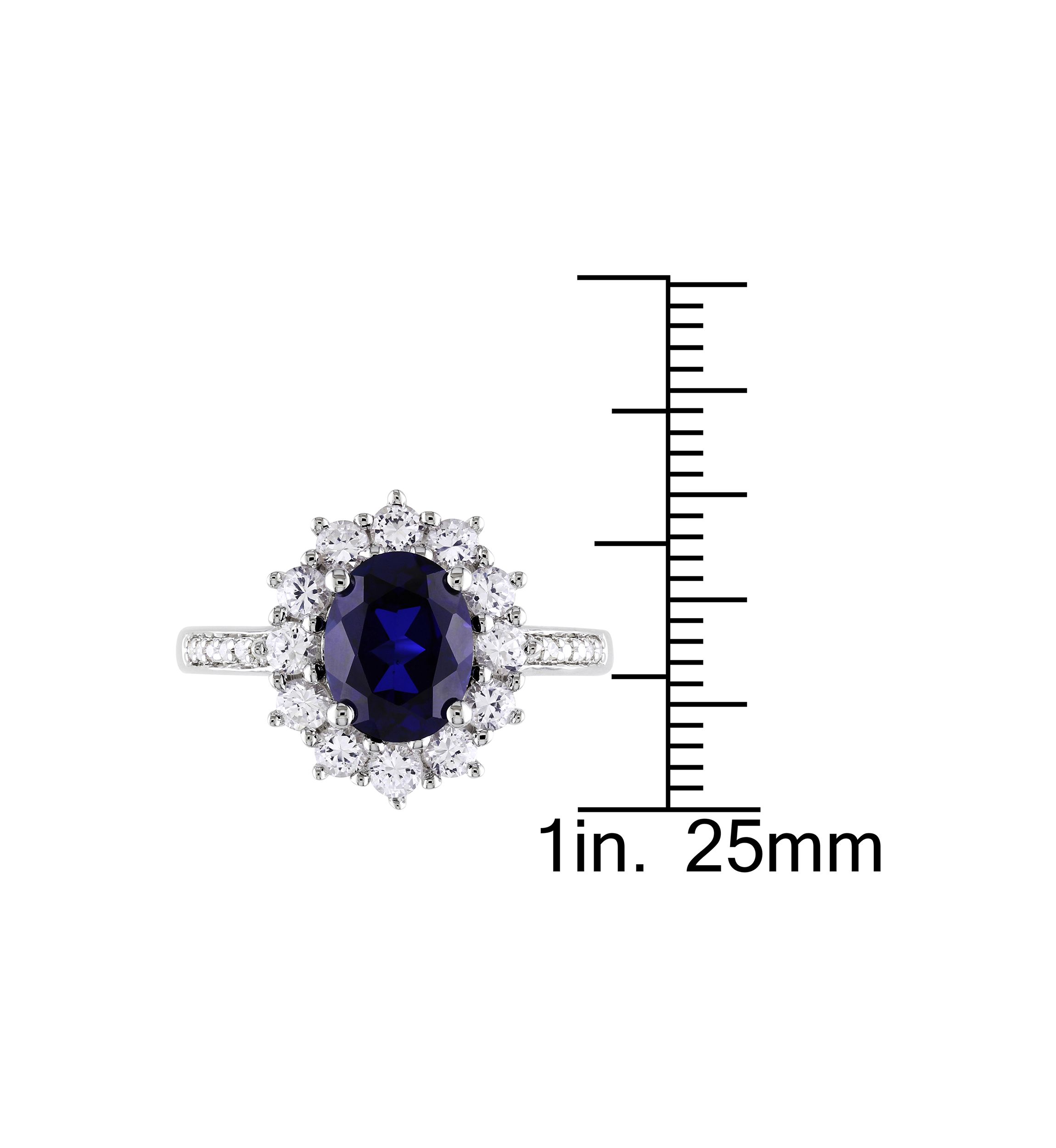 Created Blue and White Sapphire Diamond Halo Ring in Sterling Silver