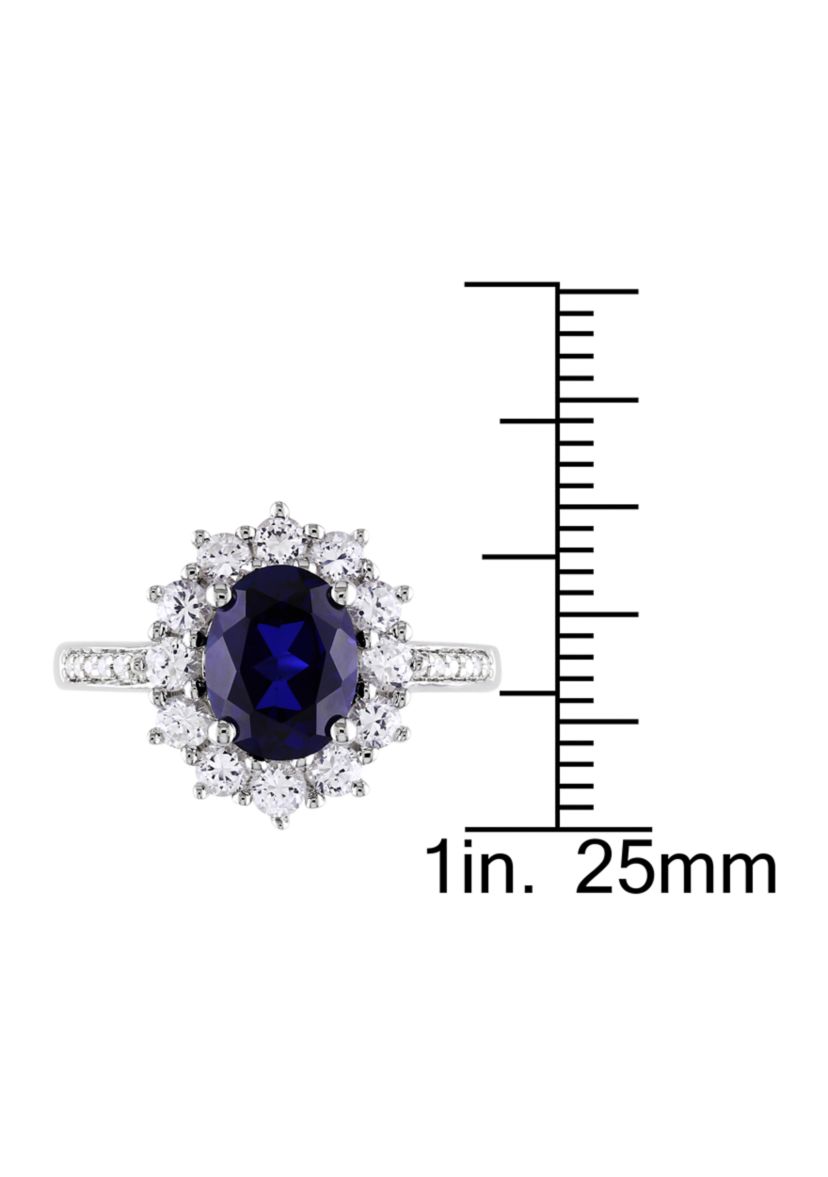 Created Blue and White Sapphire Diamond Halo Ring in Sterling Silver