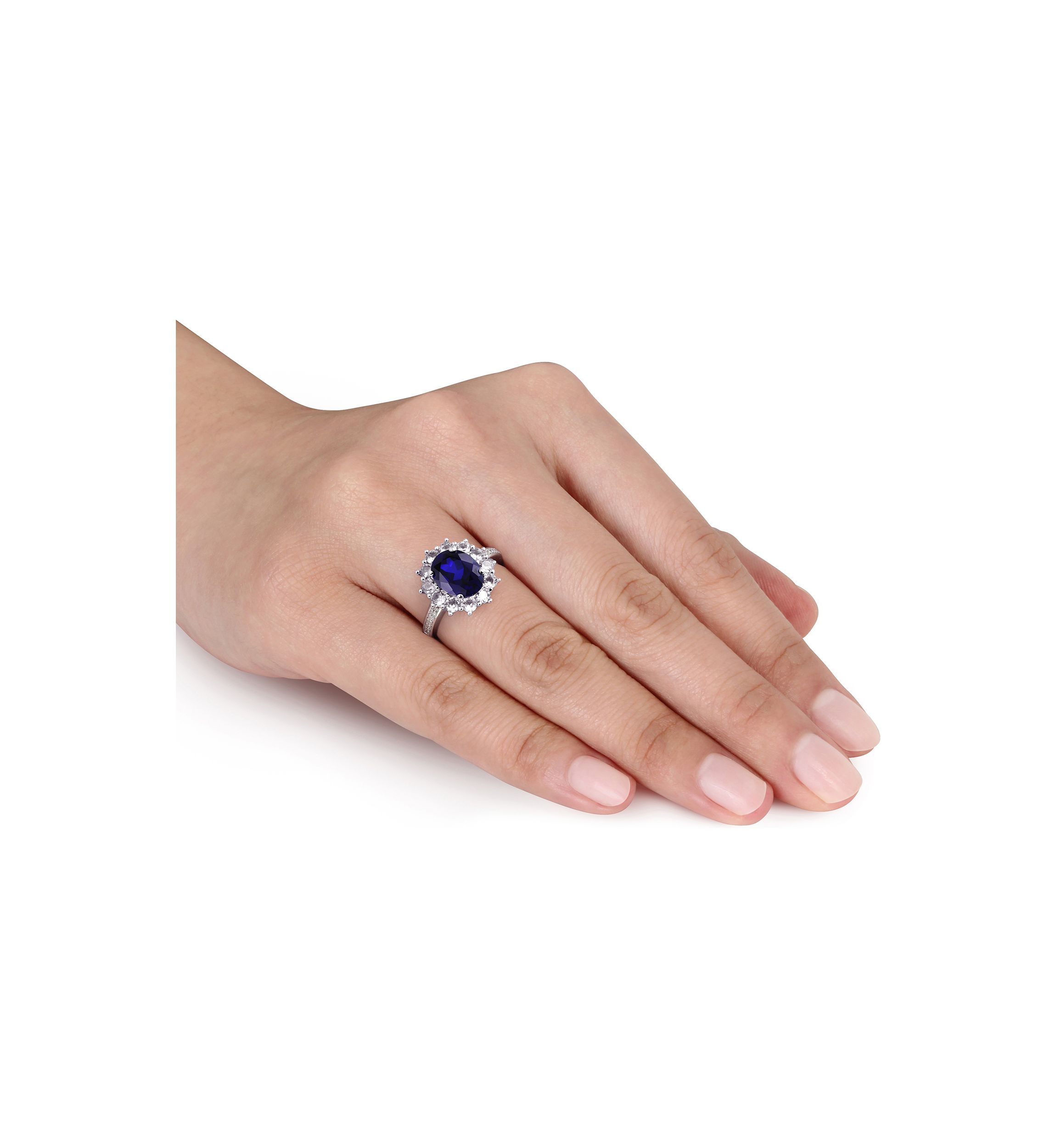 Created Blue and White Sapphire Diamond Halo Ring in Sterling Silver