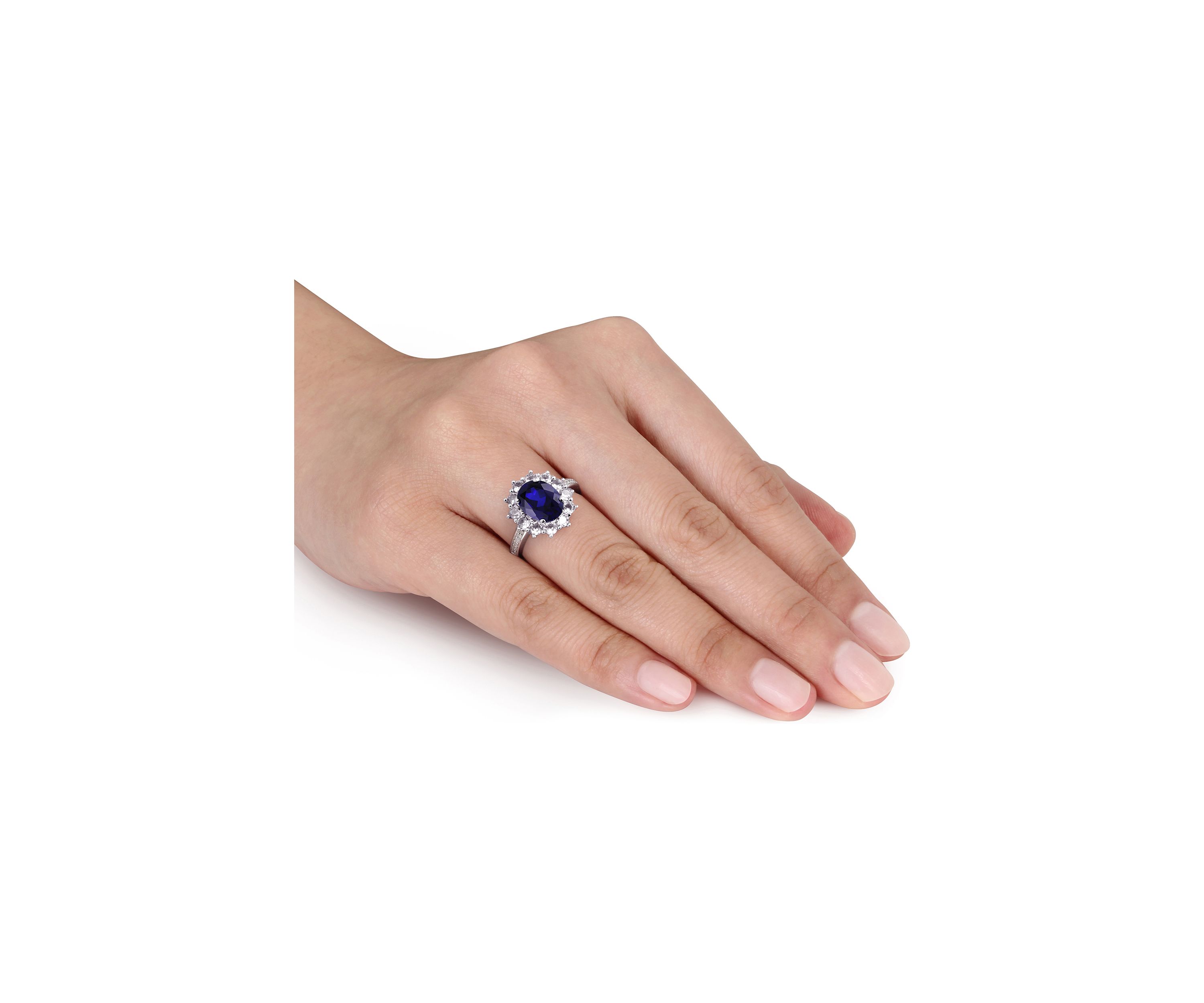 Created Blue and White Sapphire Diamond Halo Ring in Sterling Silver