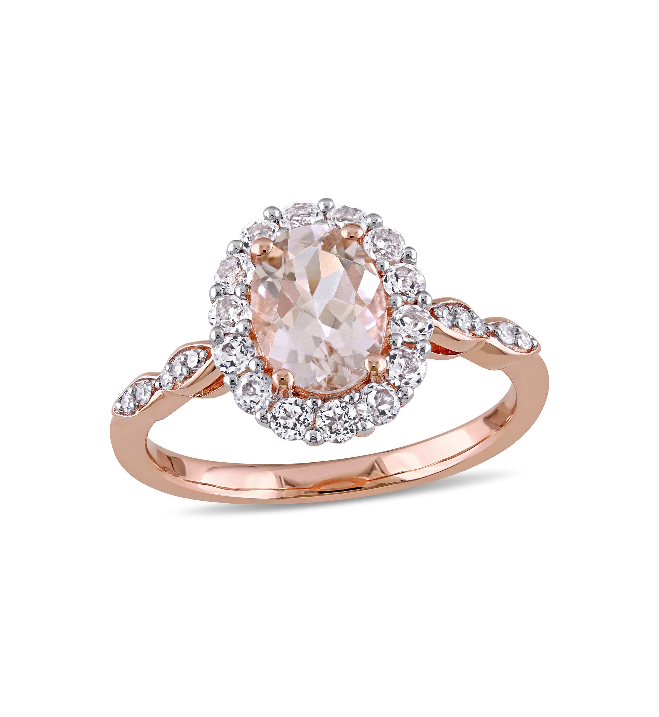 Morganite, White Topaz and Diamond Accent Oval Vintage Ring in 14k Rose Gold