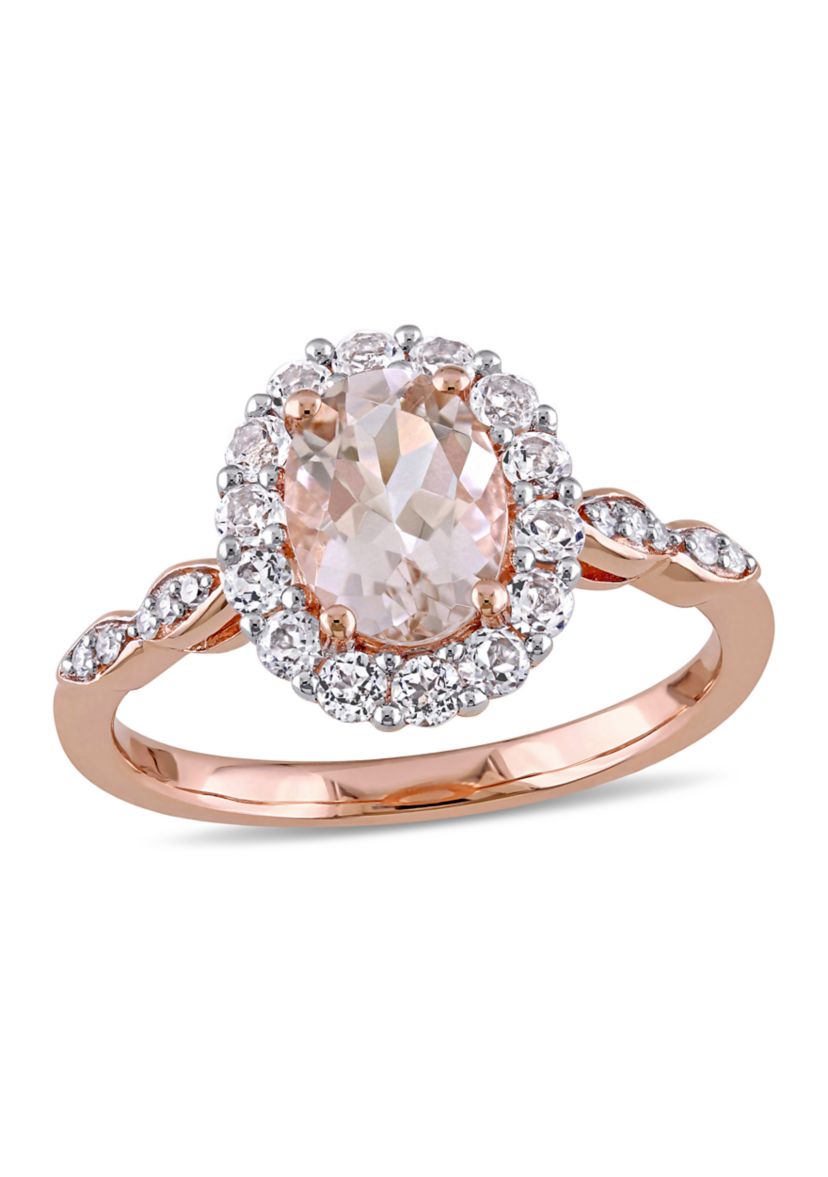 Morganite, White Topaz and Diamond Accent Oval Vintage Ring in 14k Rose Gold