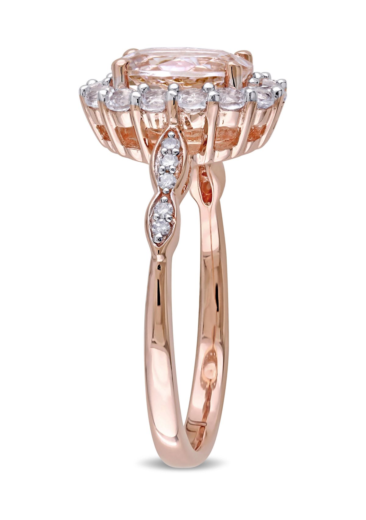 Morganite, White Topaz and Diamond Accent Oval Vintage Ring in 14k Rose Gold