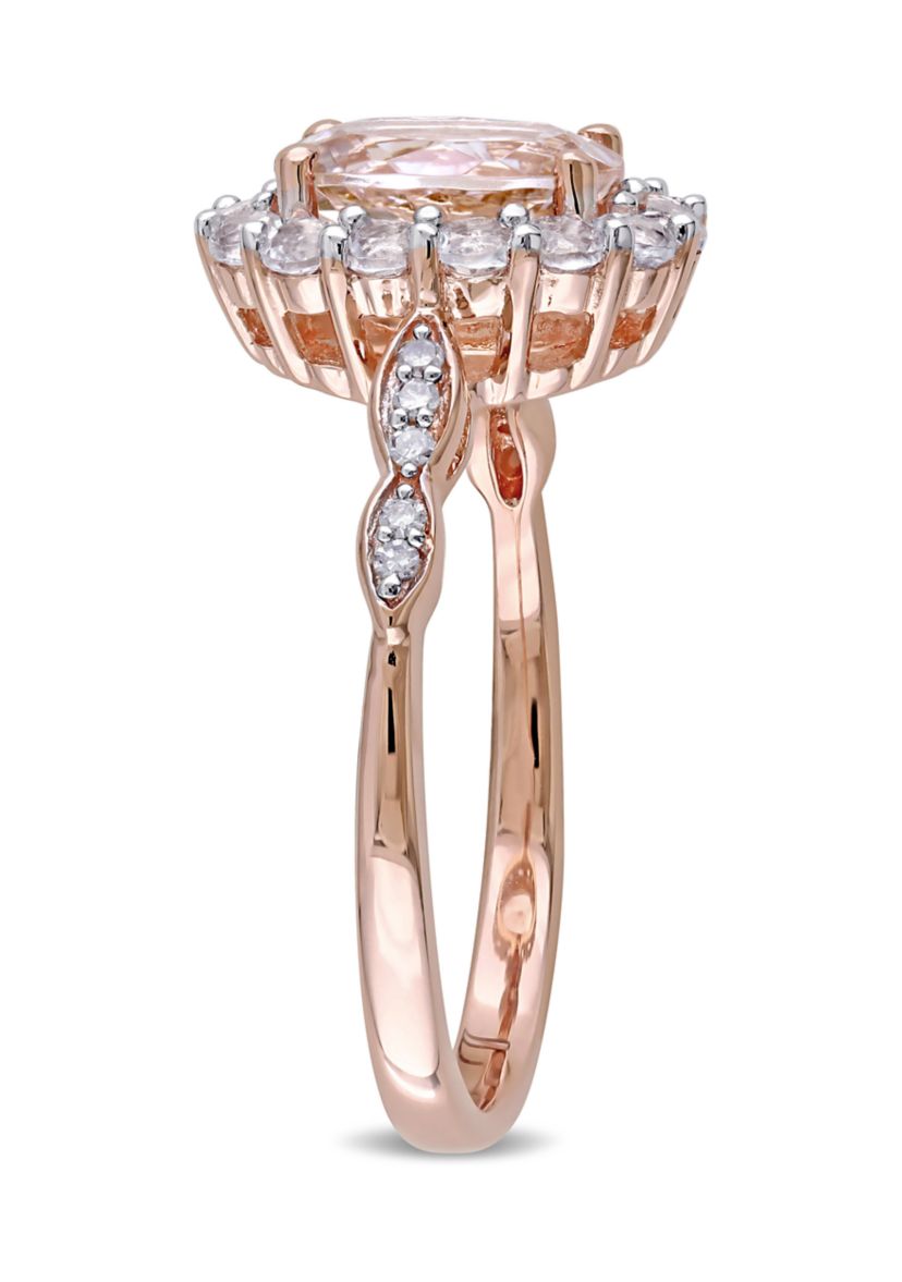 Morganite, White Topaz and Diamond Accent Oval Vintage Ring in 14k Rose Gold