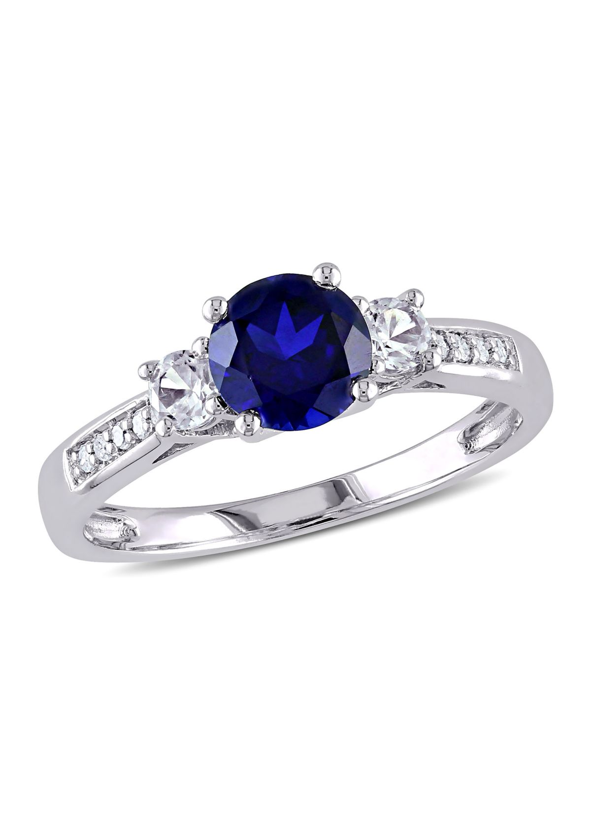Created Blue and White Sapphire Diamond 3-Stone Ring in 10k White Gold