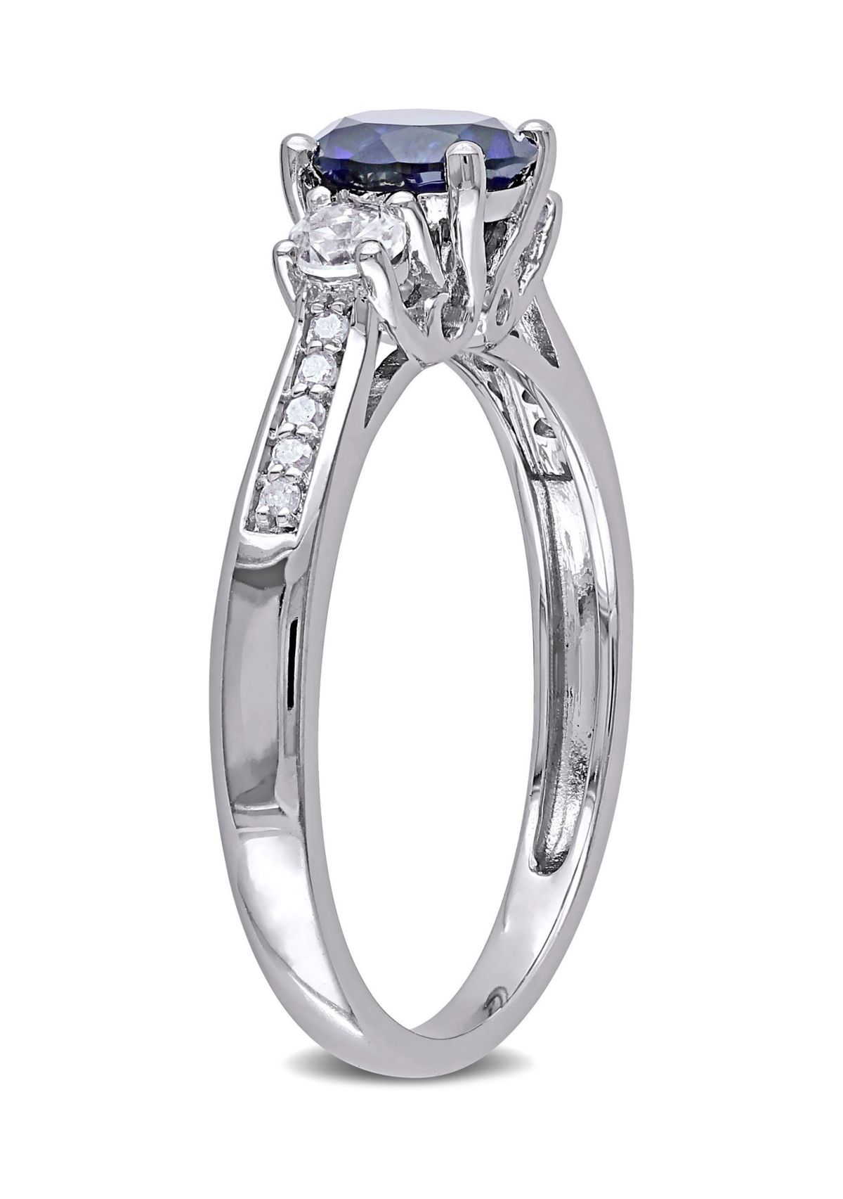 Created Blue and White Sapphire Diamond 3-Stone Ring in 10k White Gold