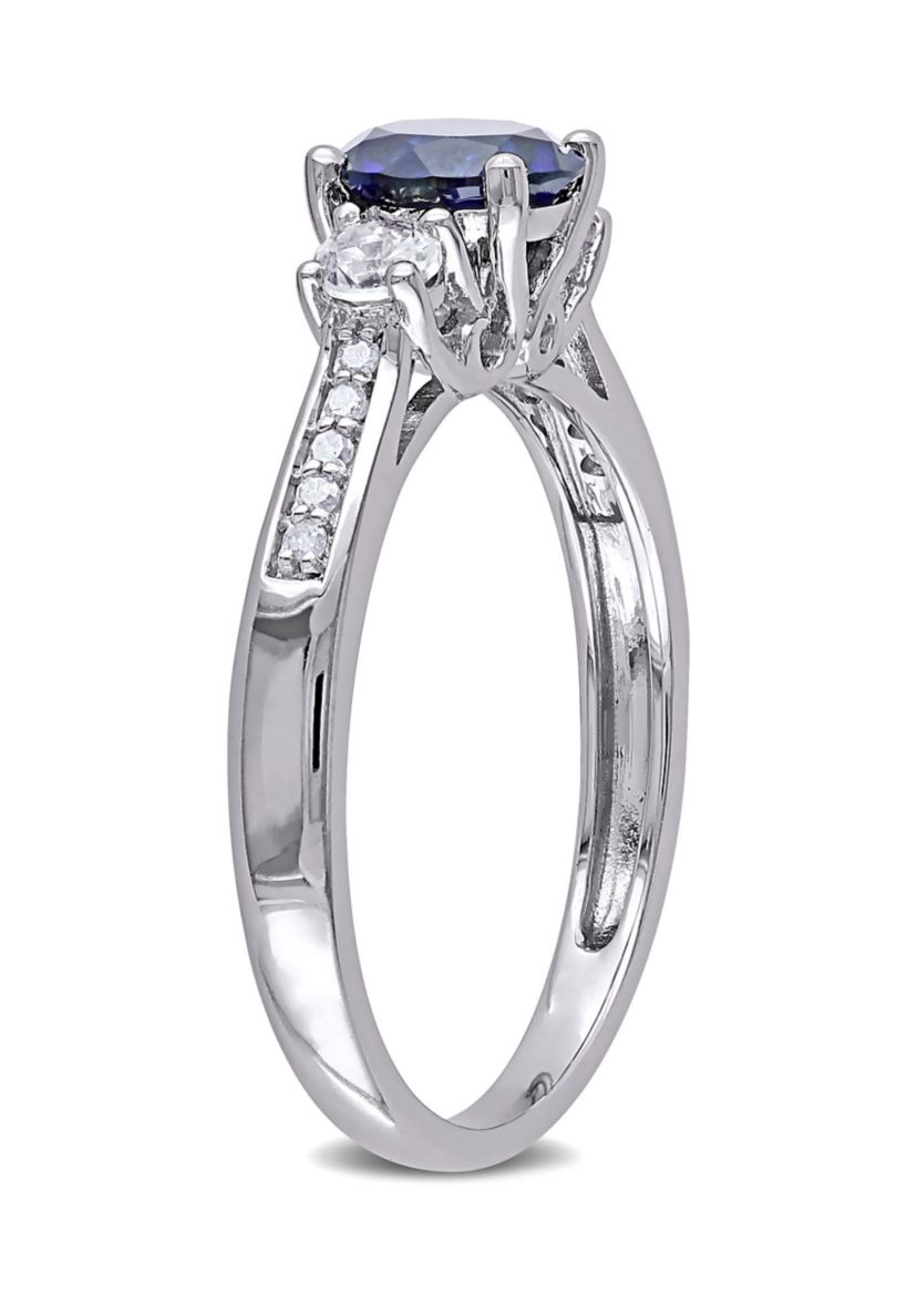 Created Blue and White Sapphire Diamond 3-Stone Ring in 10k White Gold