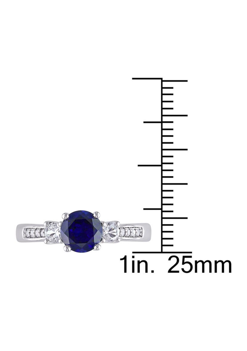 Created Blue and White Sapphire Diamond 3-Stone Ring in 10k White Gold