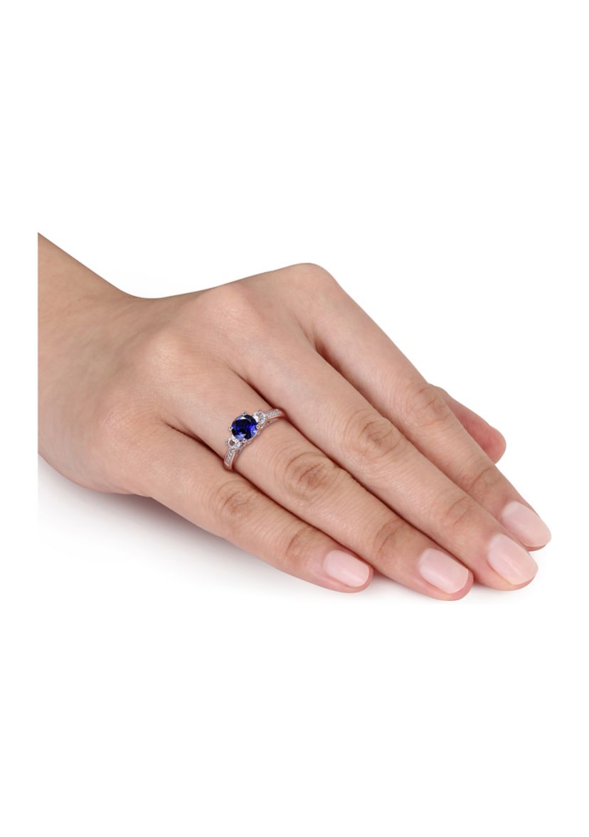 Created Blue and White Sapphire Diamond 3-Stone Ring in 10k White Gold