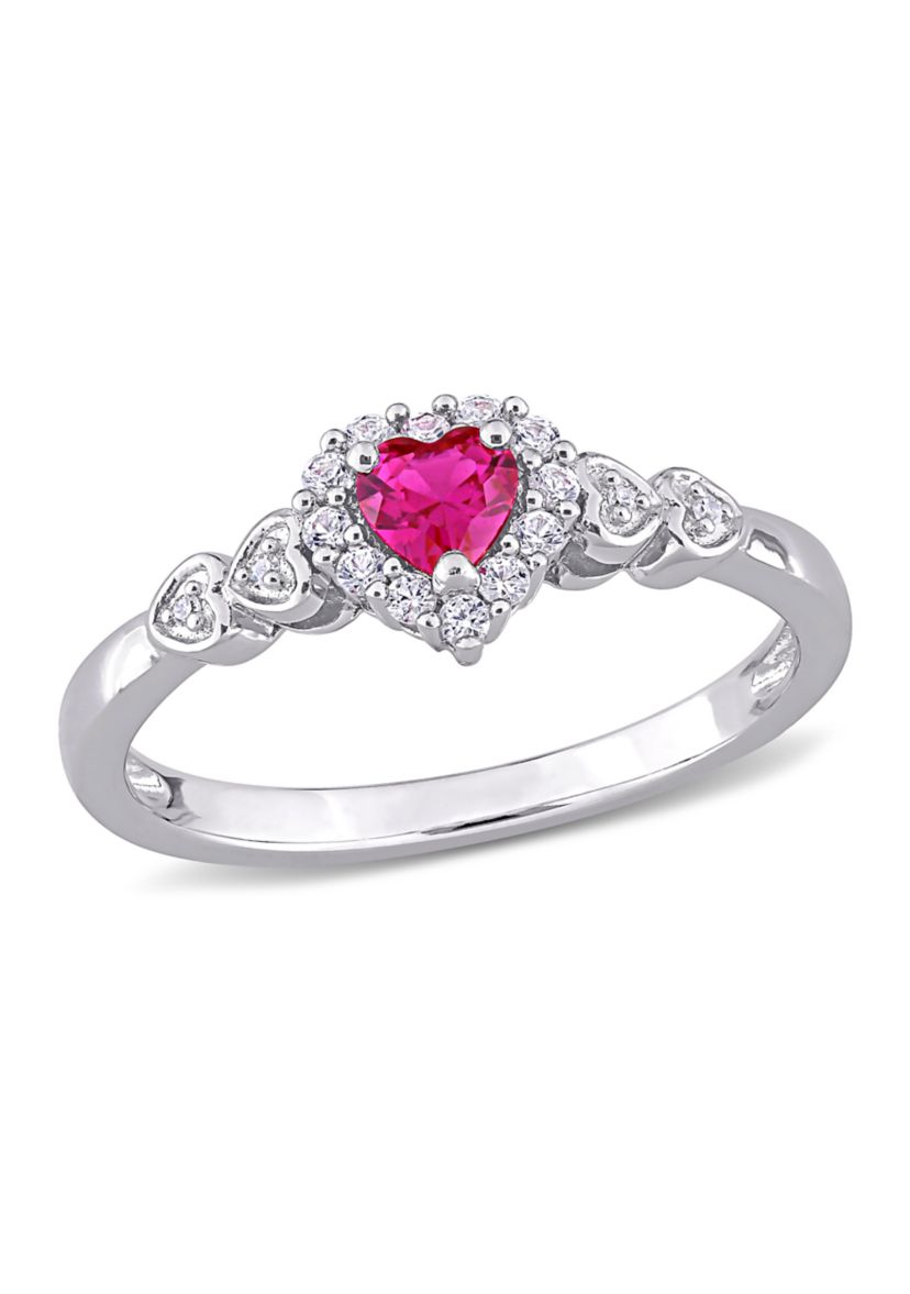 Created Ruby Created and White Sapphire Diamond-Accent Halo Heart Ring in Sterling Silver