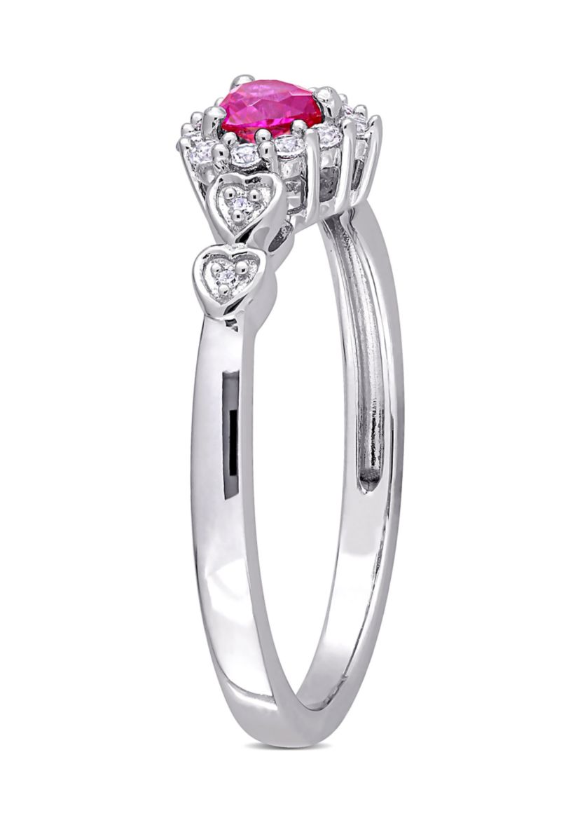 Created Ruby Created and White Sapphire Diamond-Accent Halo Heart Ring in Sterling Silver