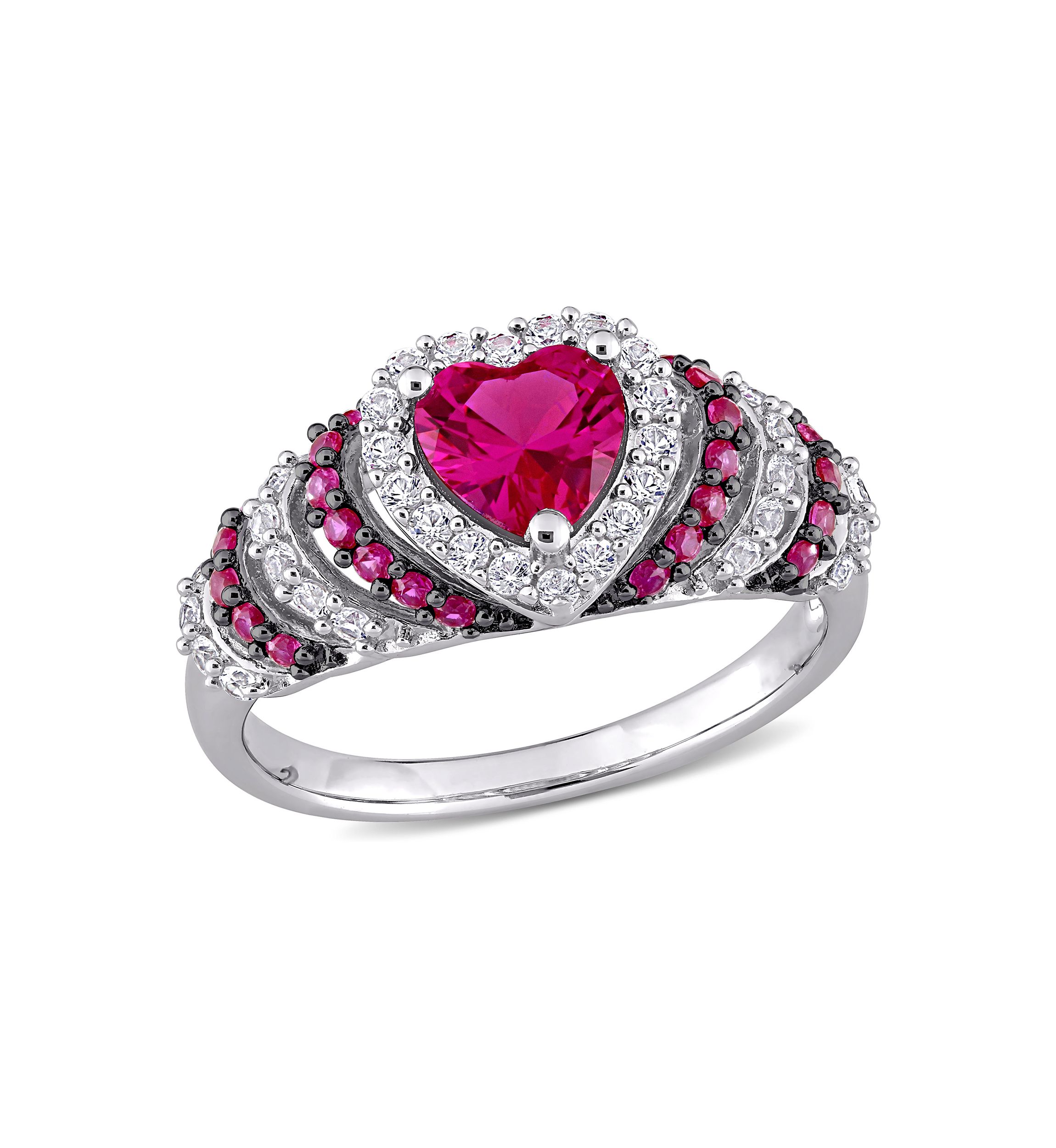 Created Ruby and Created White Sapphire Halo Heart Vintage Ring in Sterling Silver