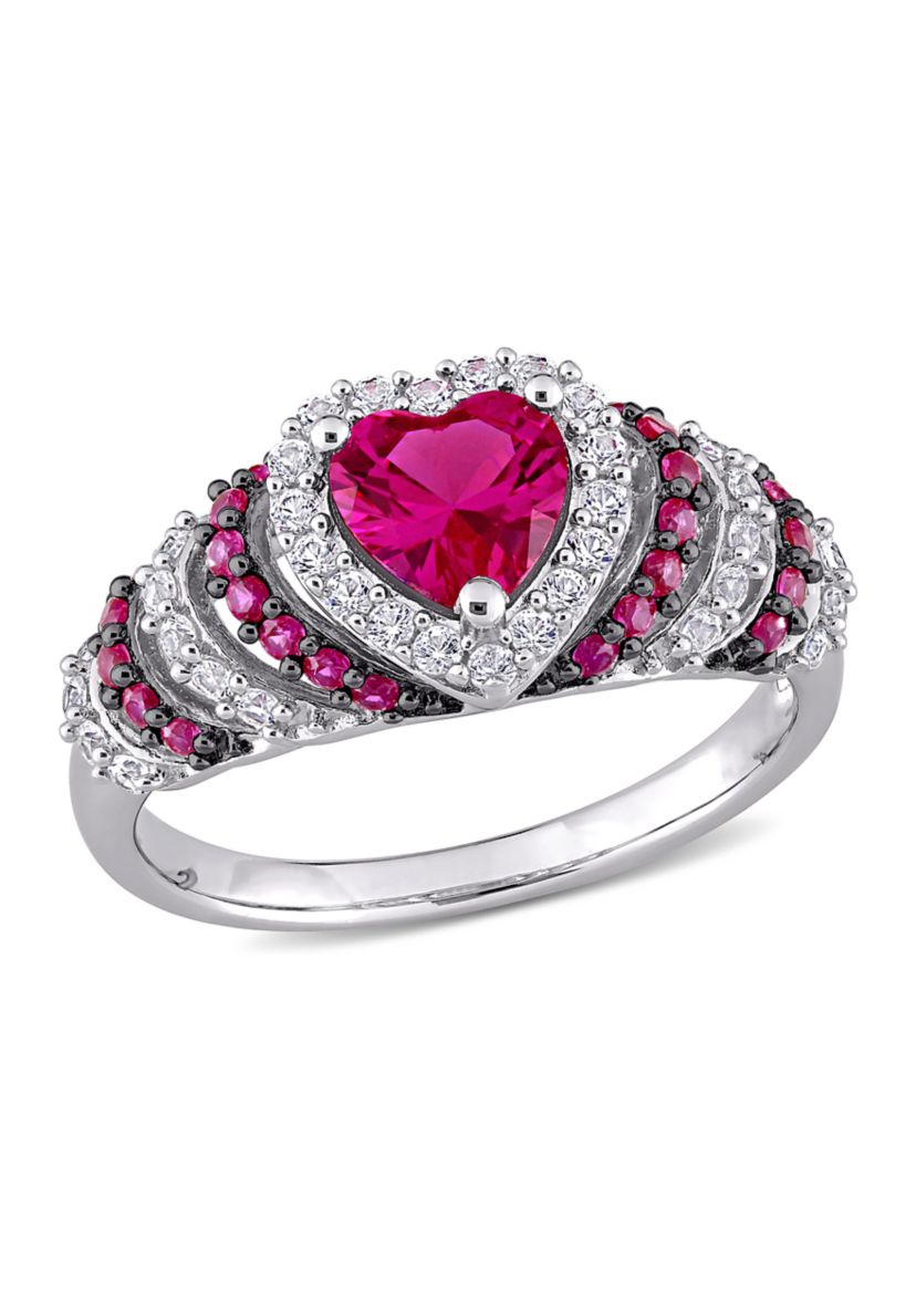 Created Ruby and Created White Sapphire Halo Heart Vintage Ring in Sterling Silver