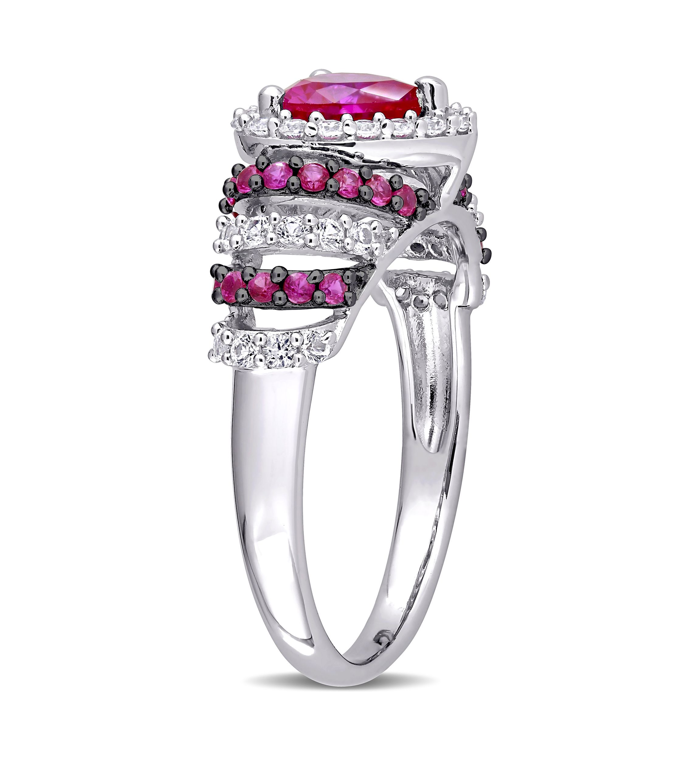 Created Ruby and Created White Sapphire Halo Heart Vintage Ring in Sterling Silver