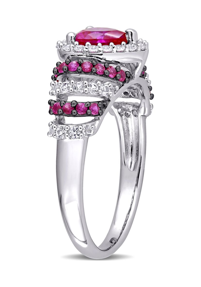 Created Ruby and Created White Sapphire Halo Heart Vintage Ring in Sterling Silver