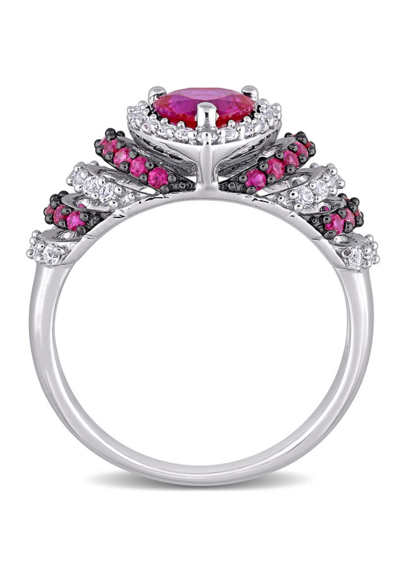 Created Ruby and Created White Sapphire Halo Heart Vintage Ring in Sterling Silver