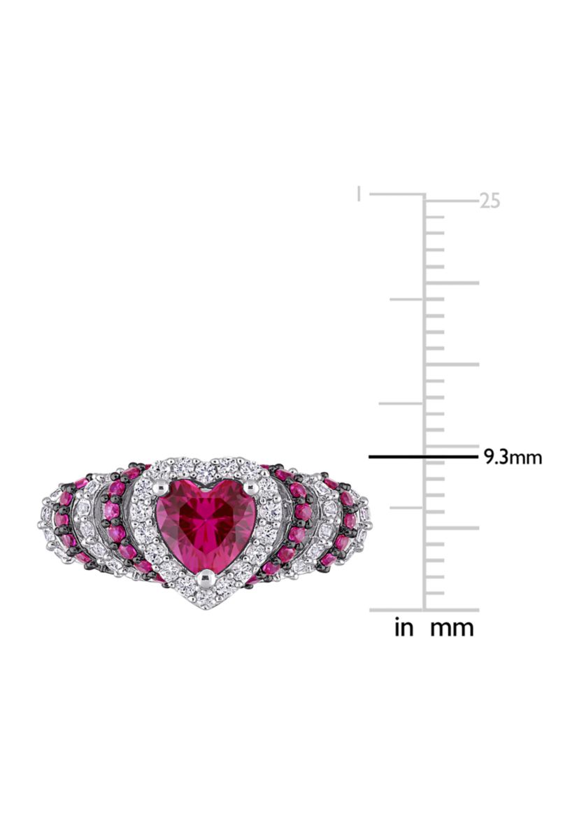 Created Ruby and Created White Sapphire Halo Heart Vintage Ring in Sterling Silver