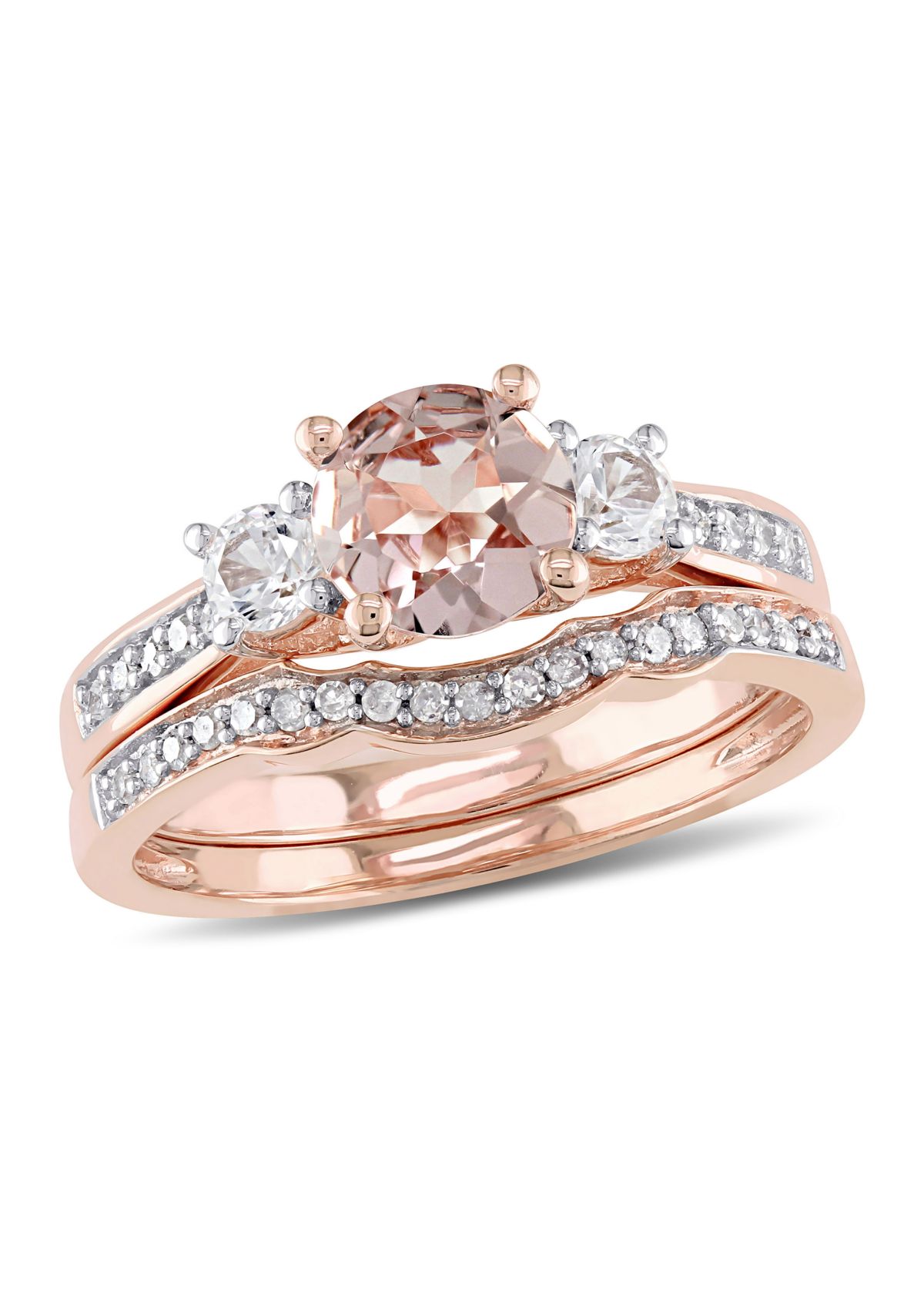 Morganite, Created White Sapphire and 1/7 ct. t.w. Diamond 3-Stone Bridal Ring Set in 10k Rose Gold