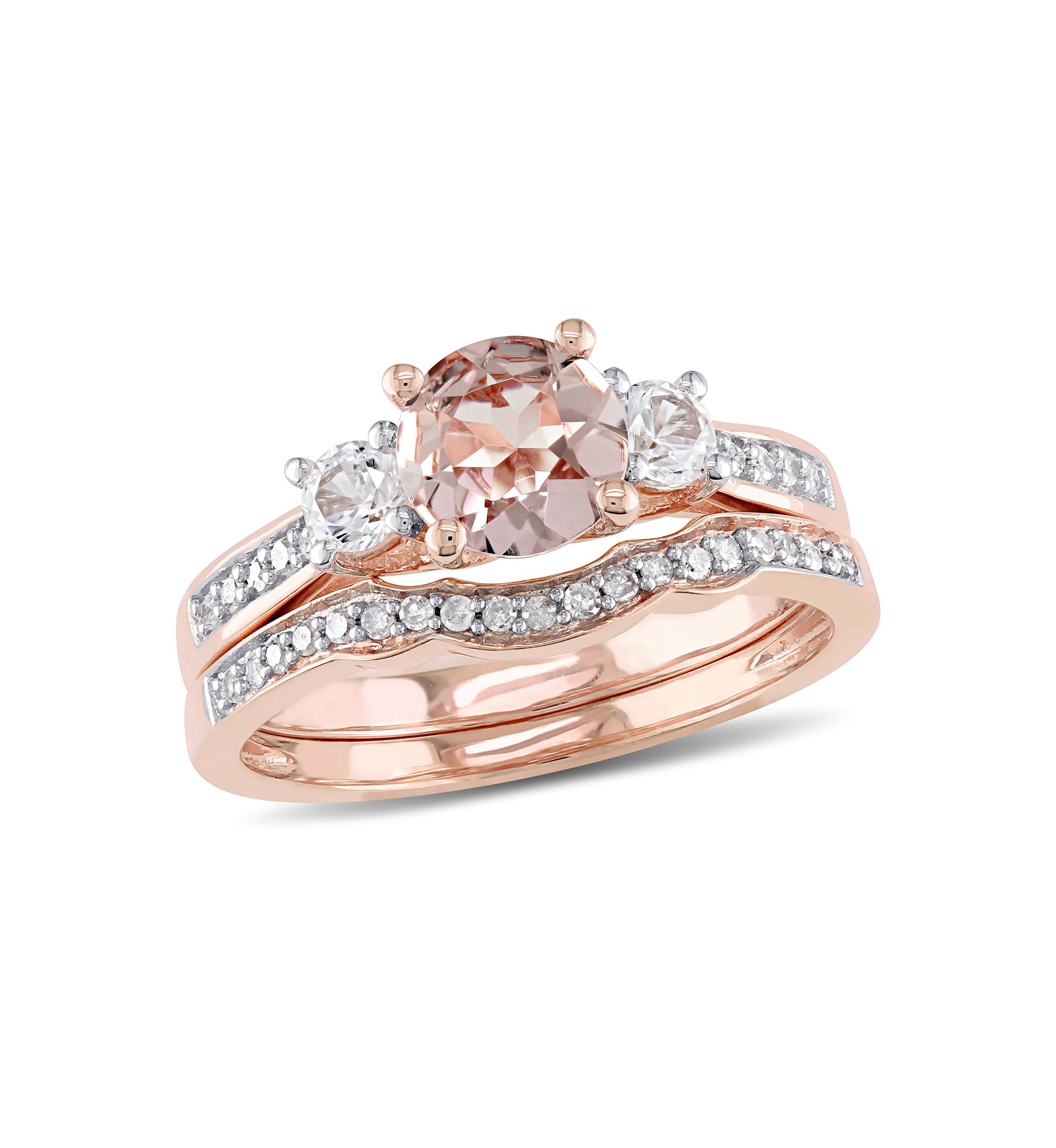 Morganite, Created White Sapphire and 1/7 ct. t.w. Diamond 3-Stone Bridal Ring Set in 10k Rose Gold