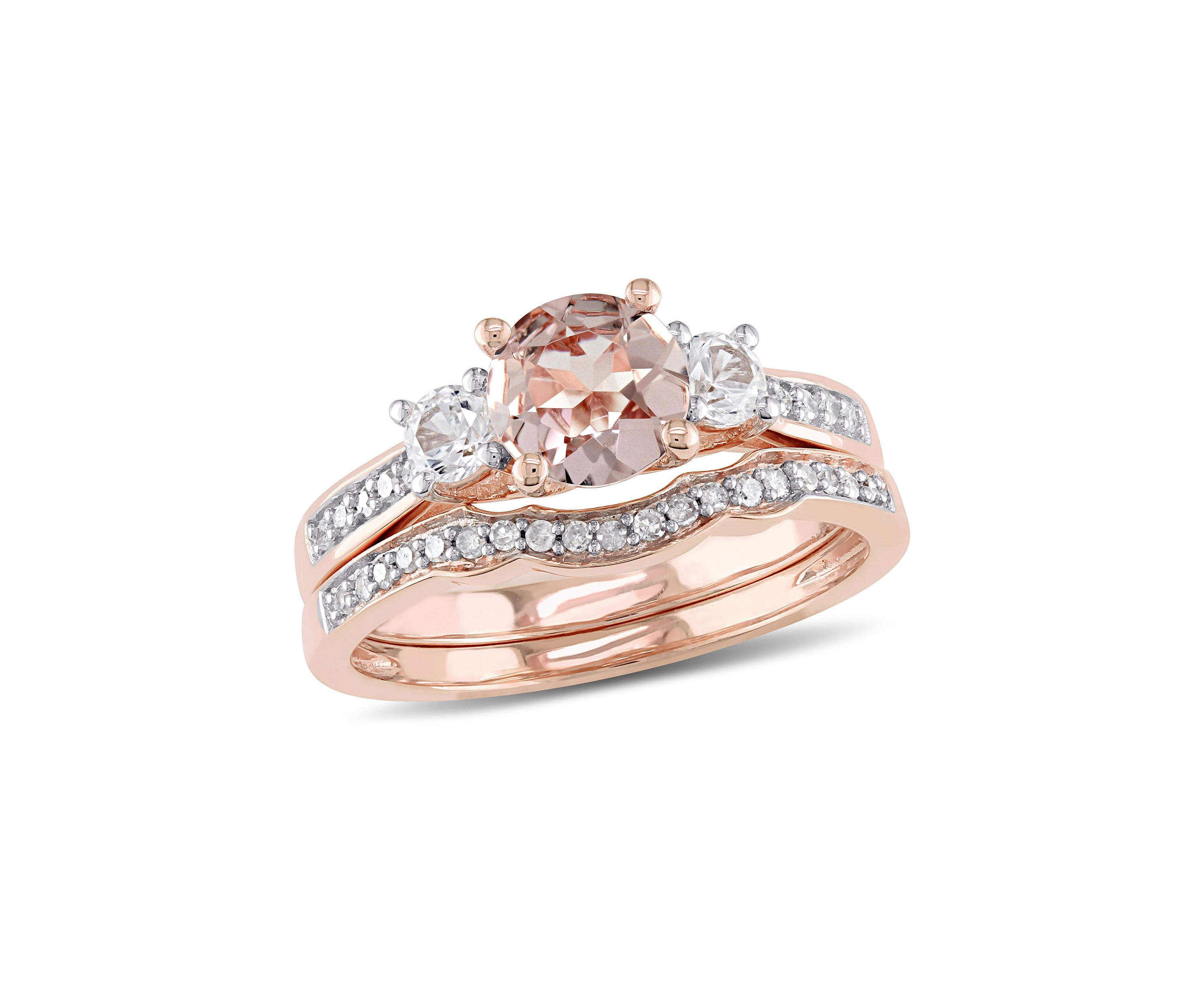 Morganite, Created White Sapphire and 1/7 ct. t.w. Diamond 3-Stone Bridal Ring Set in 10k Rose Gold