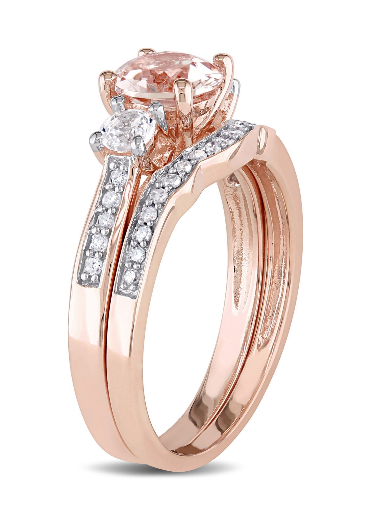 Morganite, Created White Sapphire and 1/7 ct. t.w. Diamond 3-Stone Bridal Ring Set in 10k Rose Gold