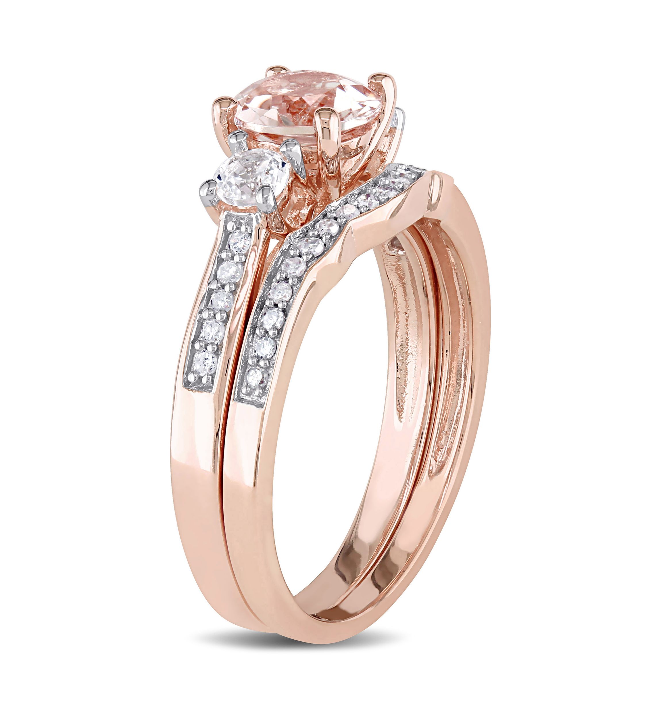 Morganite, Created White Sapphire and 1/7 ct. t.w. Diamond 3-Stone Bridal Ring Set in 10k Rose Gold