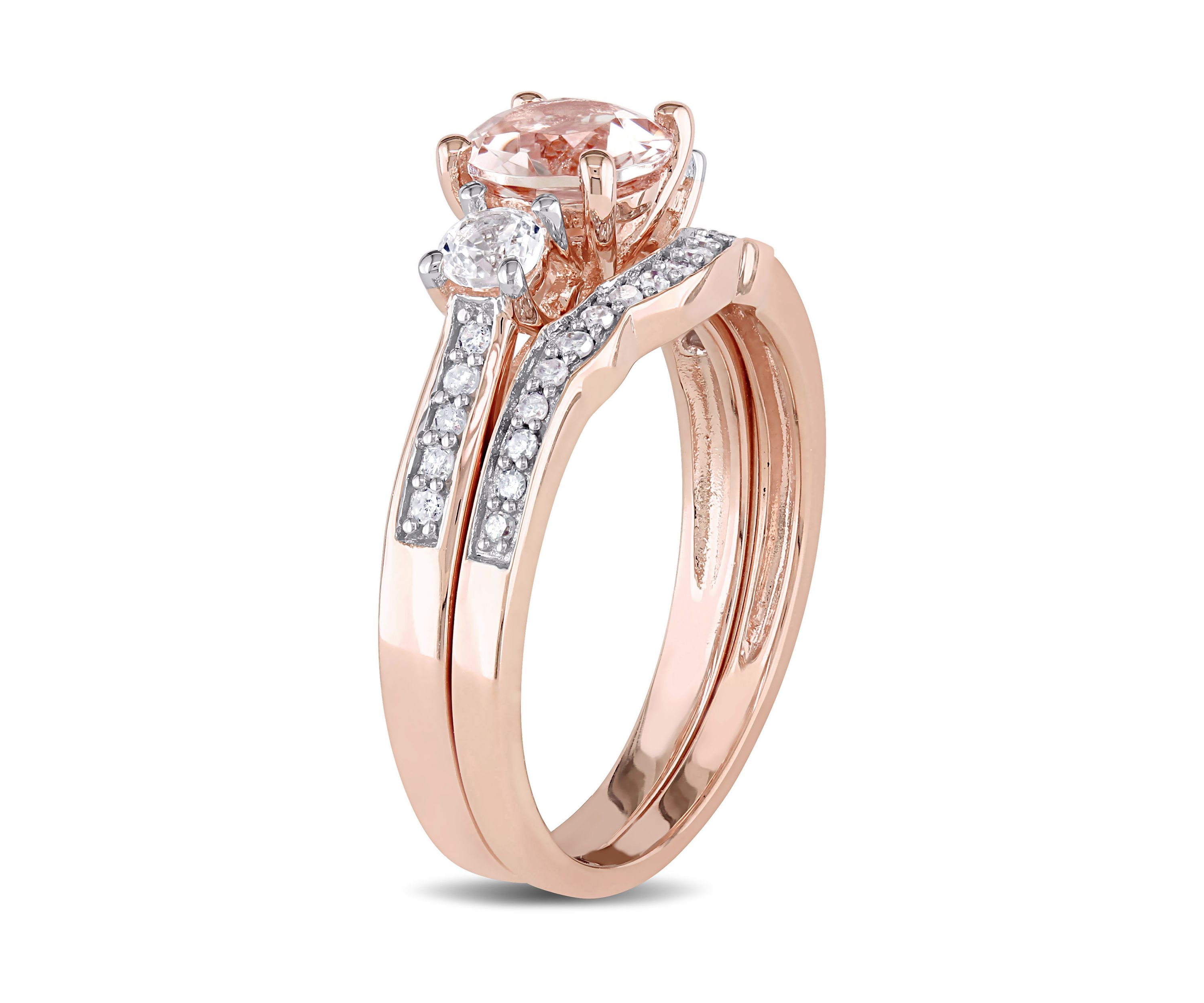 Morganite, Created White Sapphire and 1/7 ct. t.w. Diamond 3-Stone Bridal Ring Set in 10k Rose Gold
