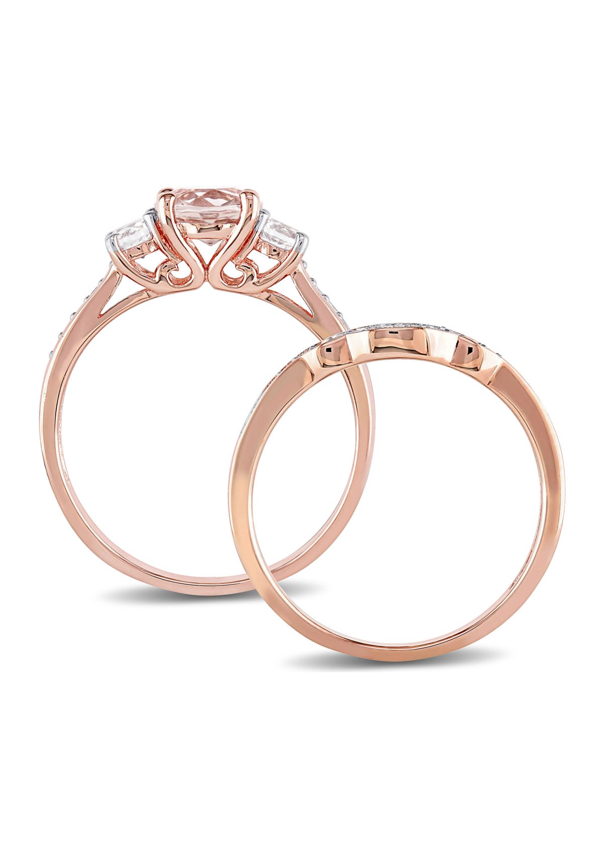 Morganite, Created White Sapphire and 1/7 ct. t.w. Diamond 3-Stone Bridal Ring Set in 10k Rose Gold