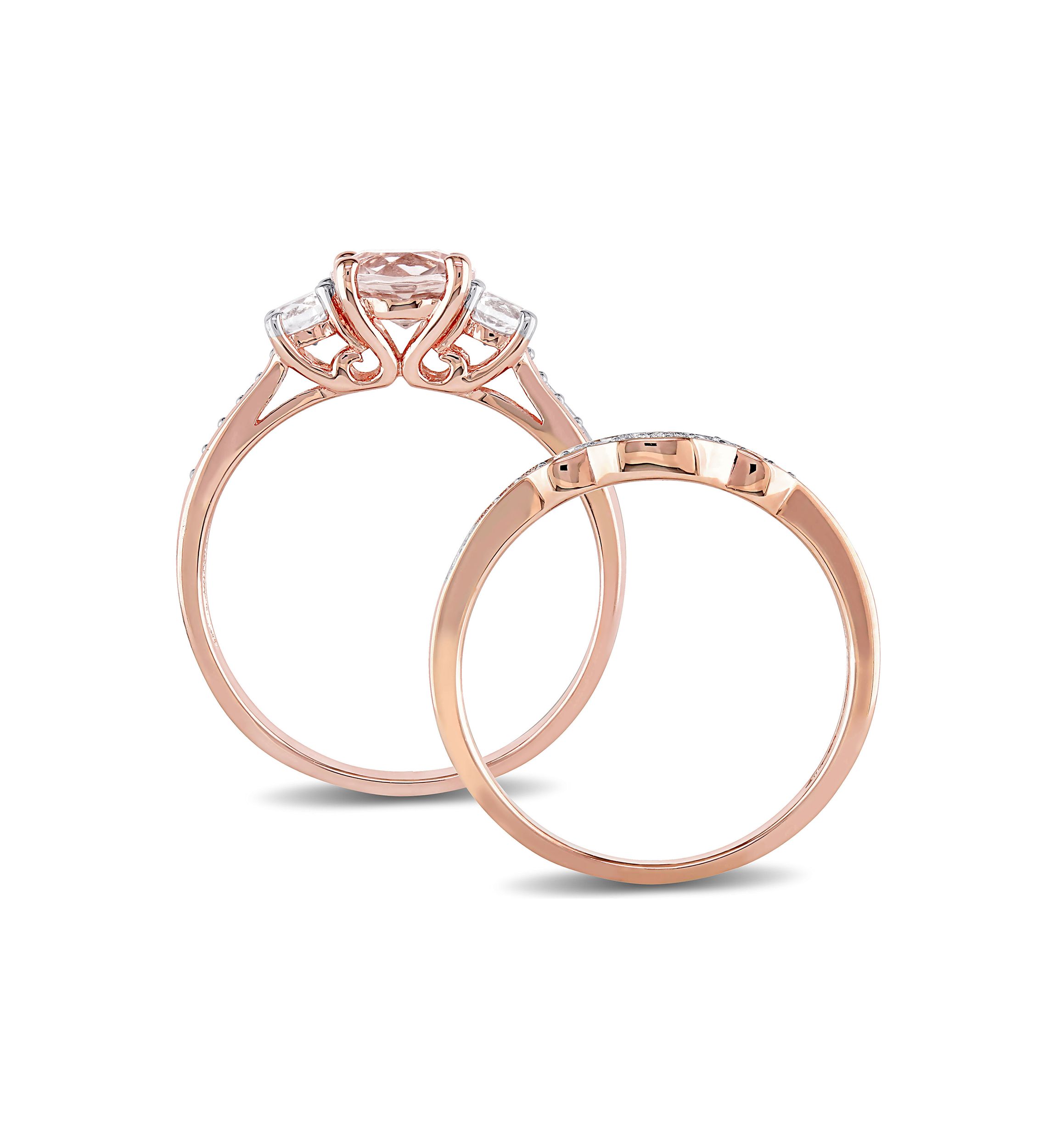 Morganite, Created White Sapphire and 1/7 ct. t.w. Diamond 3-Stone Bridal Ring Set in 10k Rose Gold