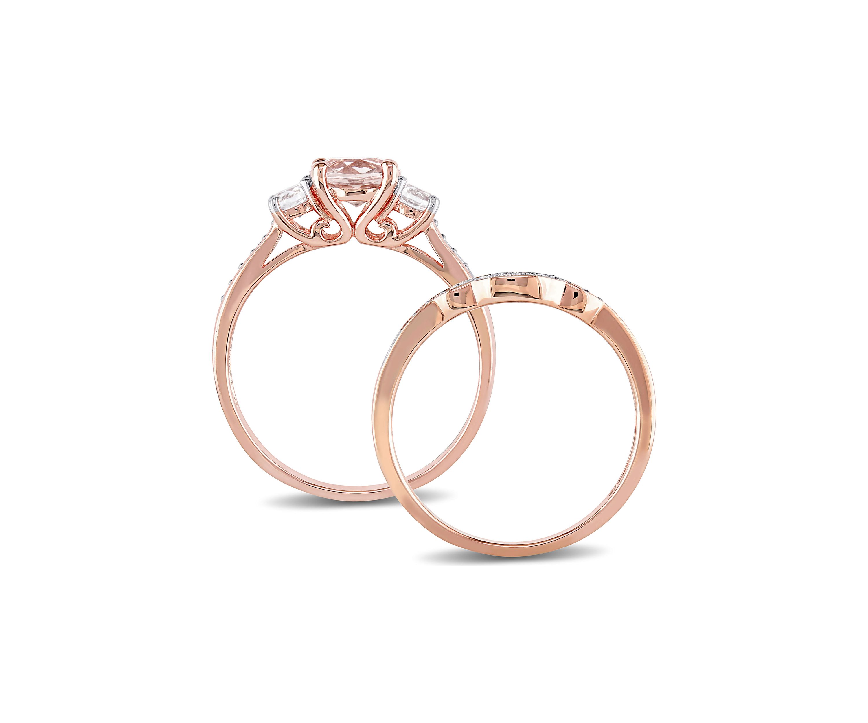 Morganite, Created White Sapphire and 1/7 ct. t.w. Diamond 3-Stone Bridal Ring Set in 10k Rose Gold