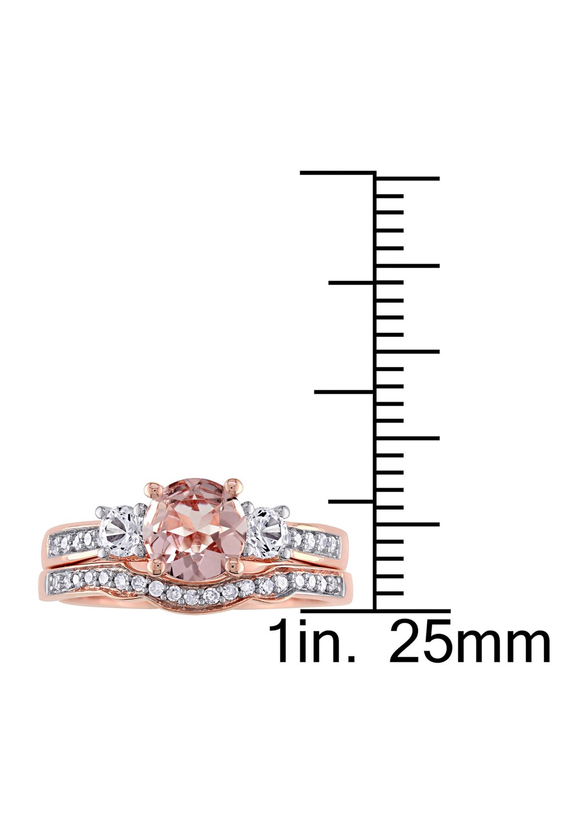 Morganite, Created White Sapphire and 1/7 ct. t.w. Diamond 3-Stone Bridal Ring Set in 10k Rose Gold