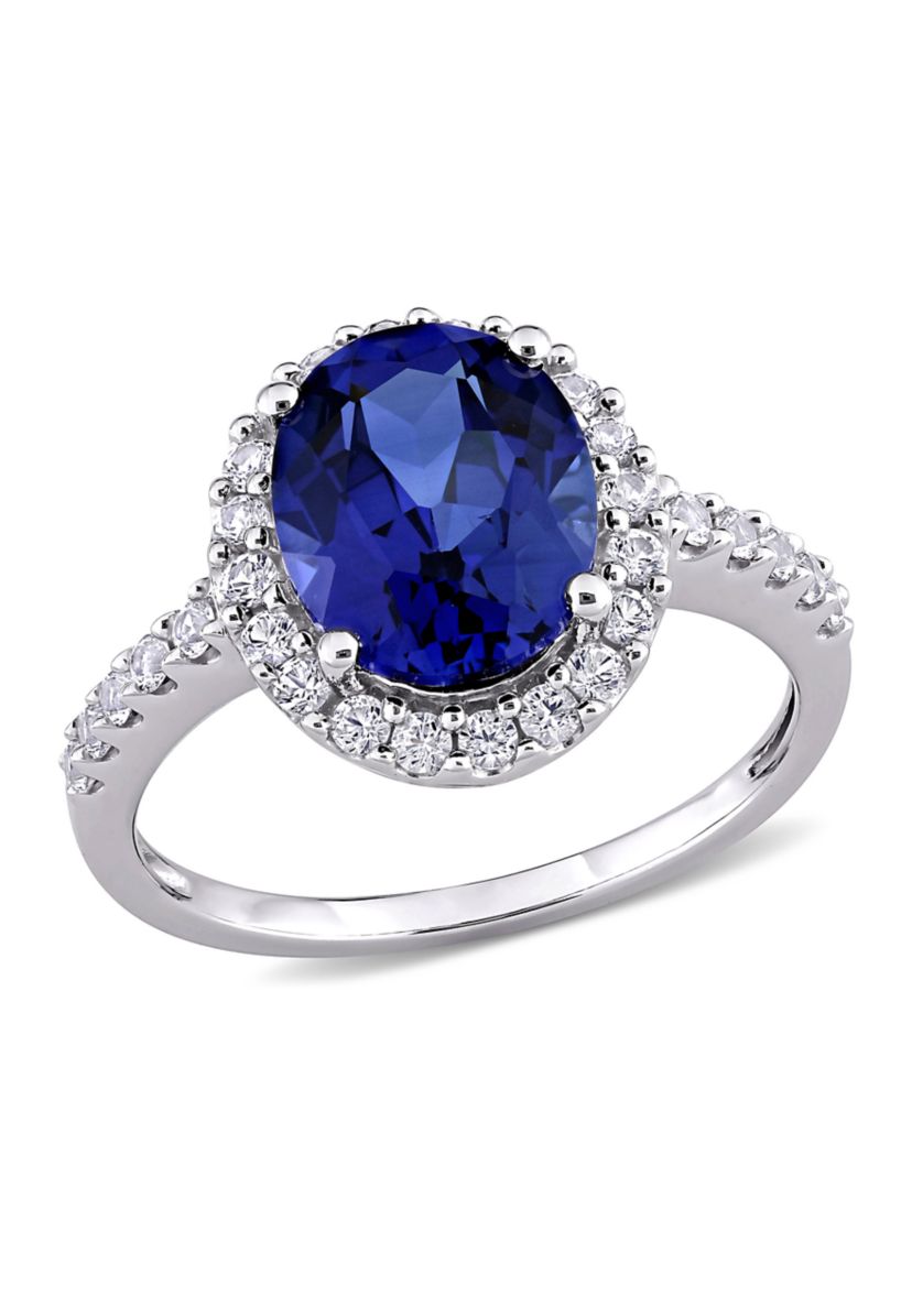 4.75 ct. t.w. Created Blue and White Sapphire Halo Engagement Ring in 10K White Gold