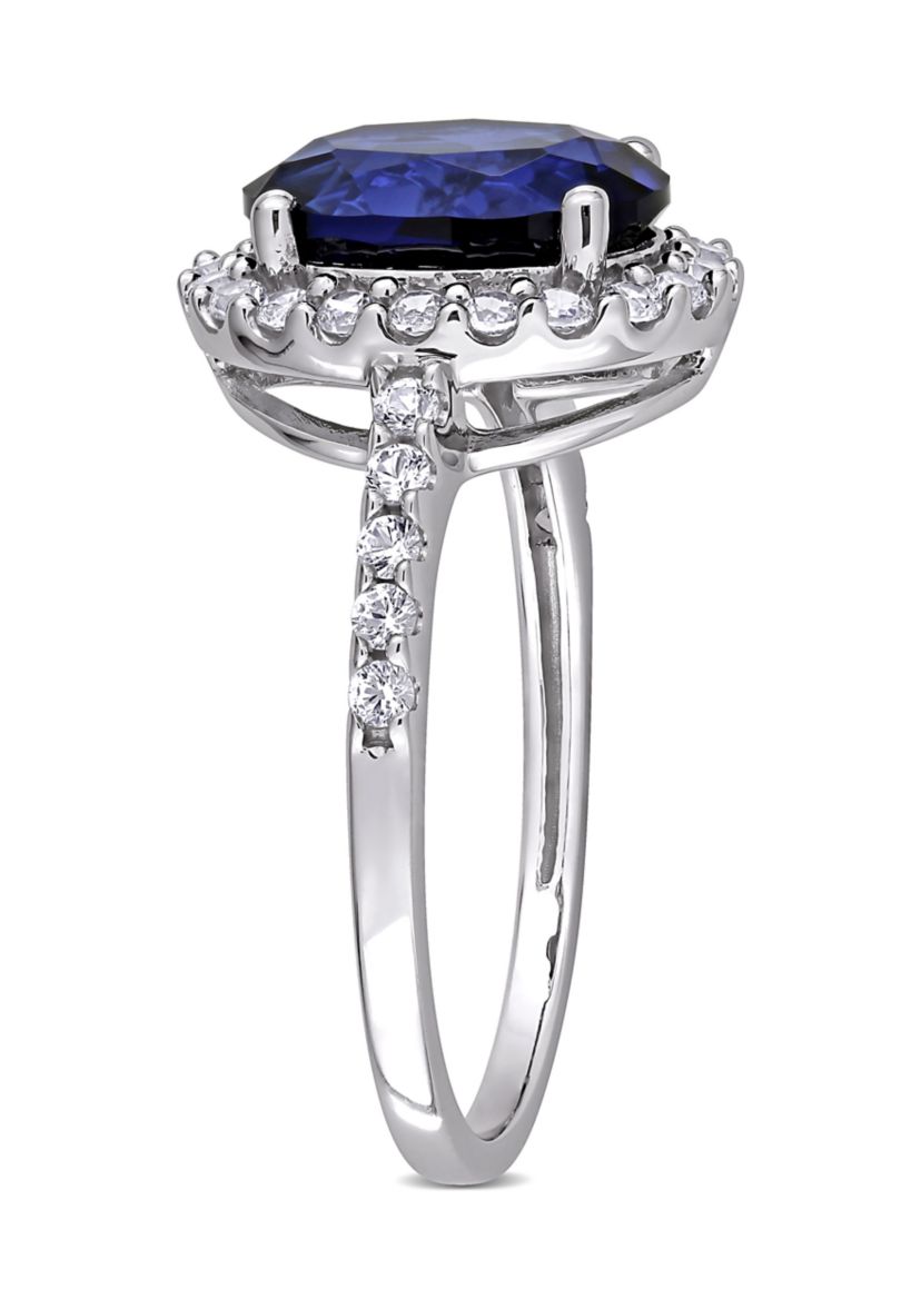 4.75 ct. t.w. Created Blue and White Sapphire Halo Engagement Ring in 10K White Gold