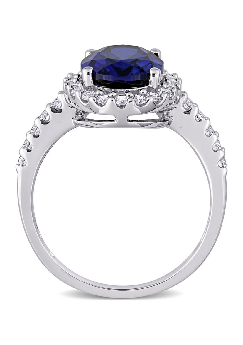 4.75 ct. t.w. Created Blue and White Sapphire Halo Engagement Ring in 10K White Gold