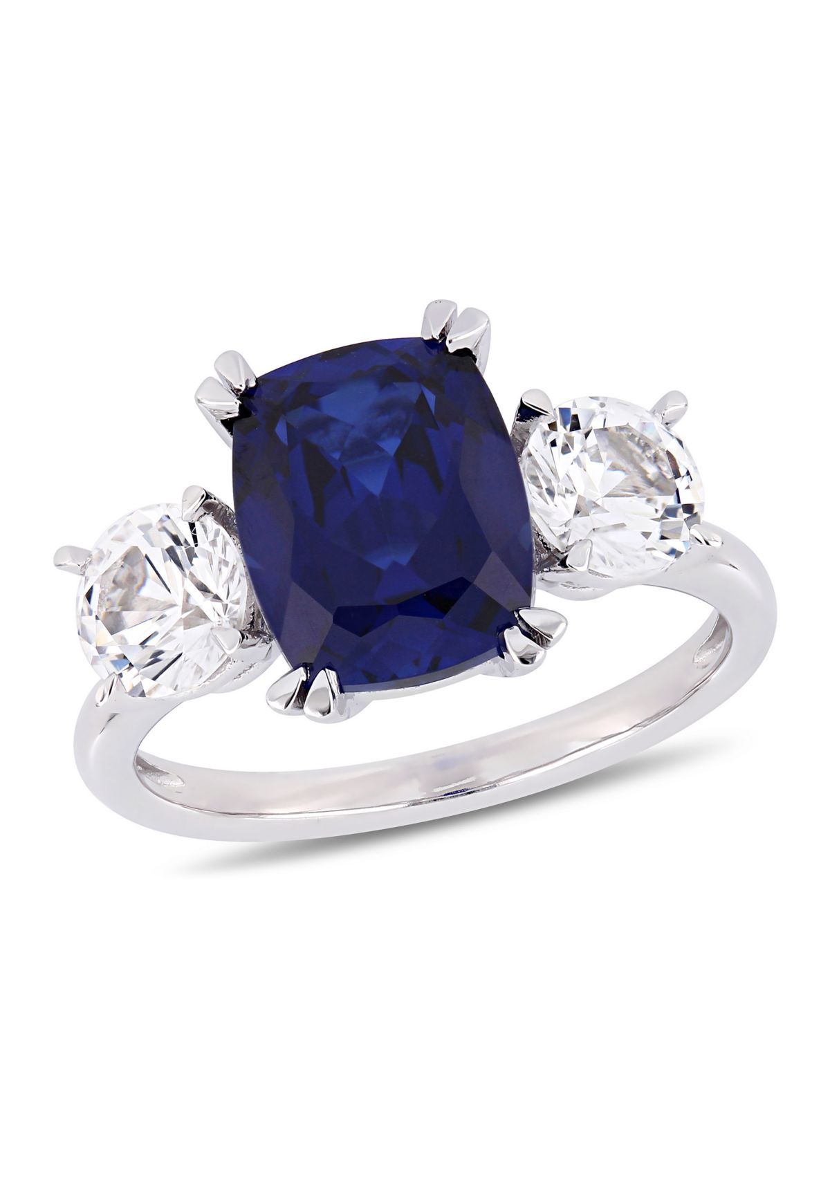 6.1 ct. t.w. Created Blue and White Sapphire Cushion-Cut Three-Stone Ring in 10K White Gold