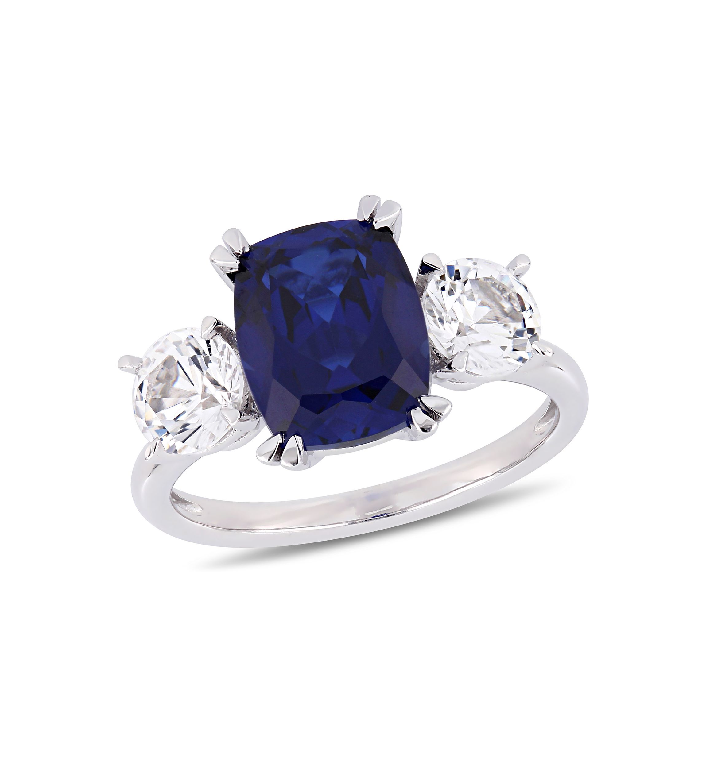 6.1 ct. t.w. Created Blue and White Sapphire Cushion-Cut Three-Stone Ring in 10K White Gold