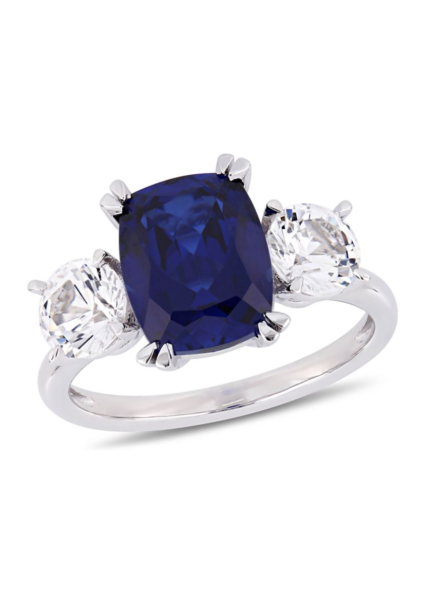 6.1 ct. t.w. Created Blue and White Sapphire Cushion-Cut Three-Stone Ring in 10K White Gold